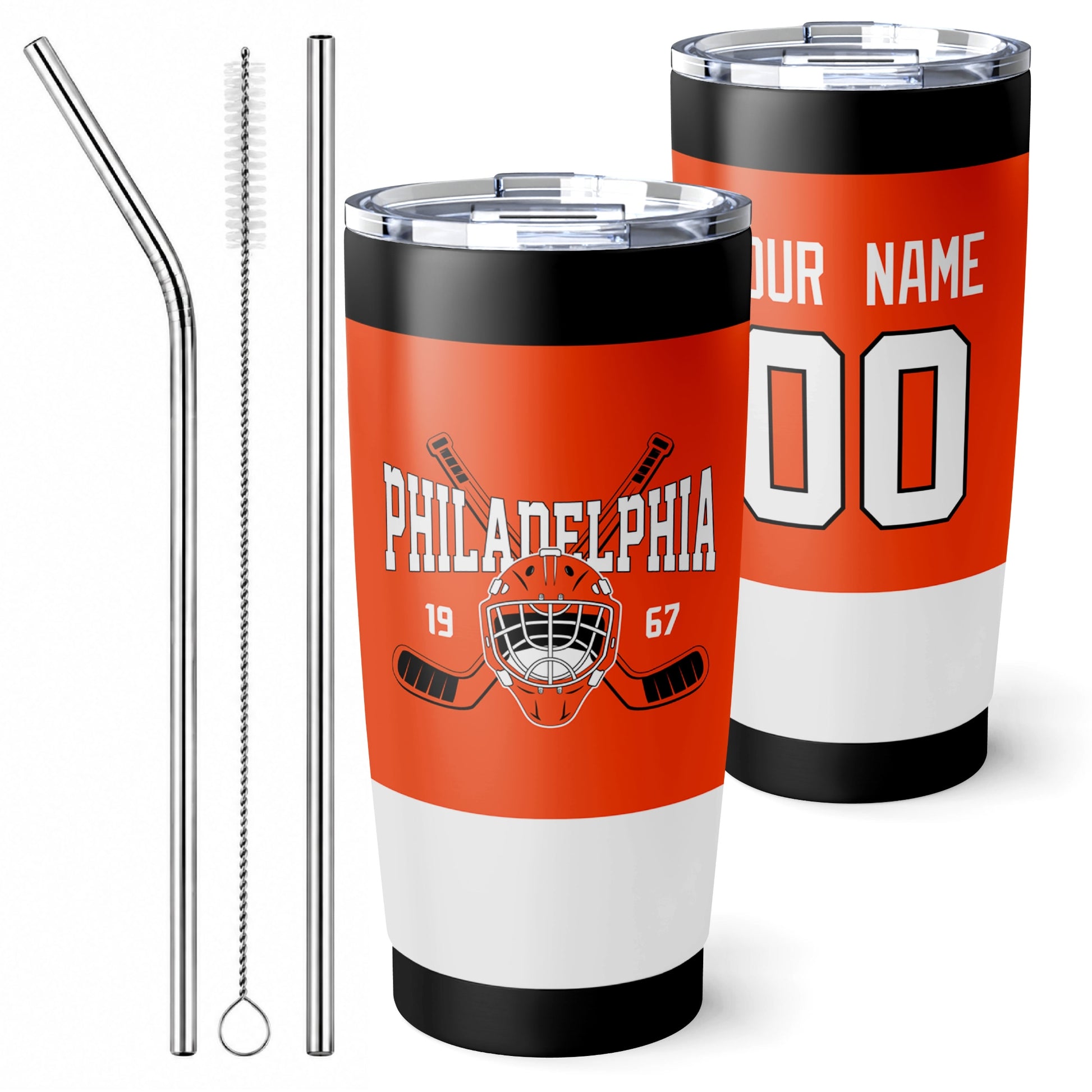 Personalized Philadelphia hockey tumbler in Orange city-color style with reusable straws and cleaning brush