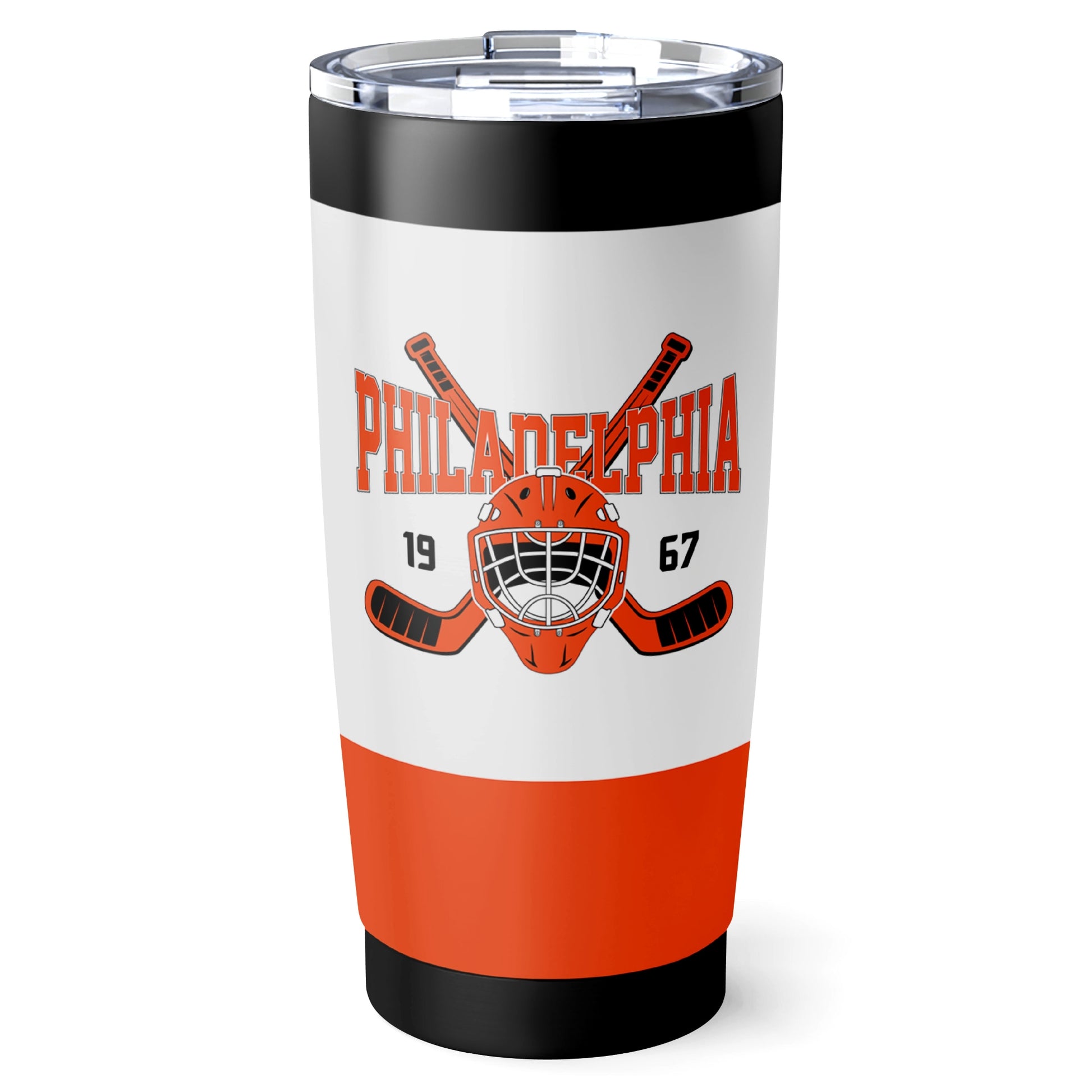 Philadelphia hockey tumbler front design in White city-color style