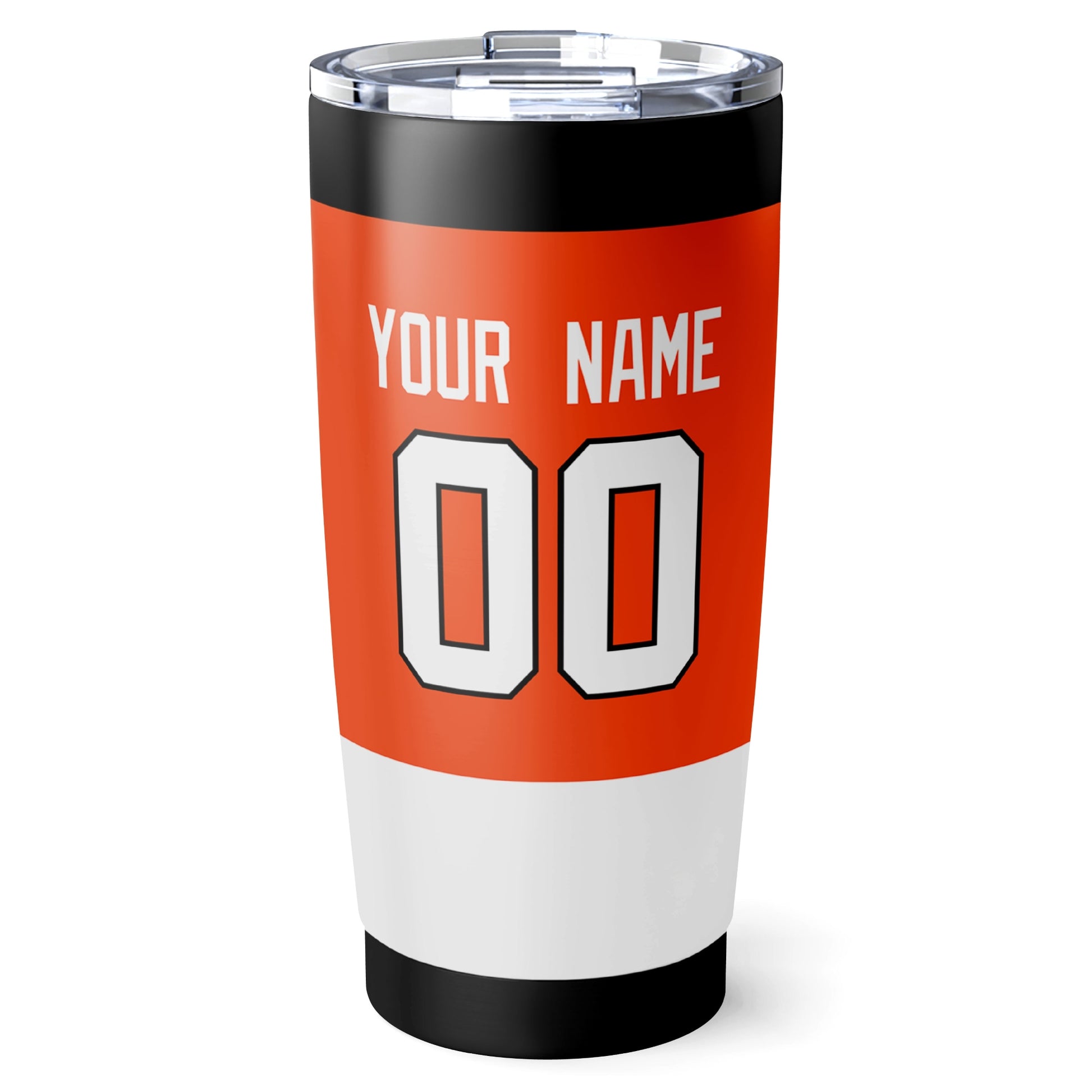 Philadelphia hockey tumbler back design in Orange city-color style with custom name and number