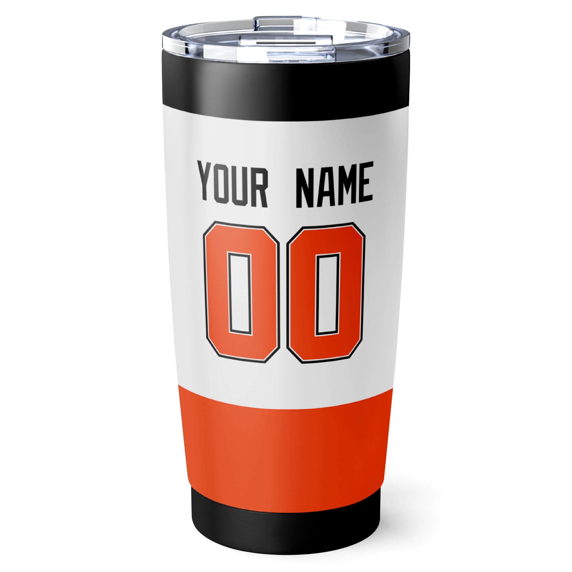 Philadelphia hockey tumbler back design in White city-color style with custom name and number