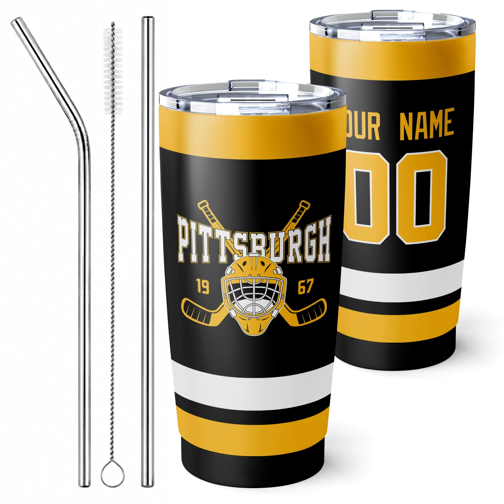 Personalized Pittsburgh hockey tumbler in Black city-color style with reusable straws and cleaning brush