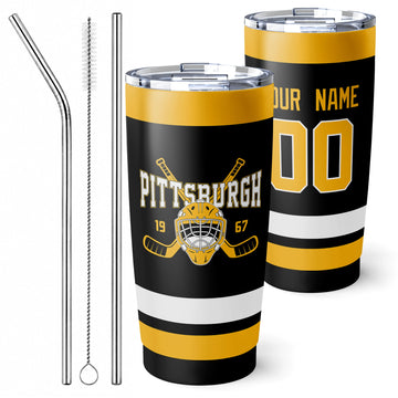 Personalized Pittsburgh hockey tumbler in Black city-color style with reusable straws and cleaning brush