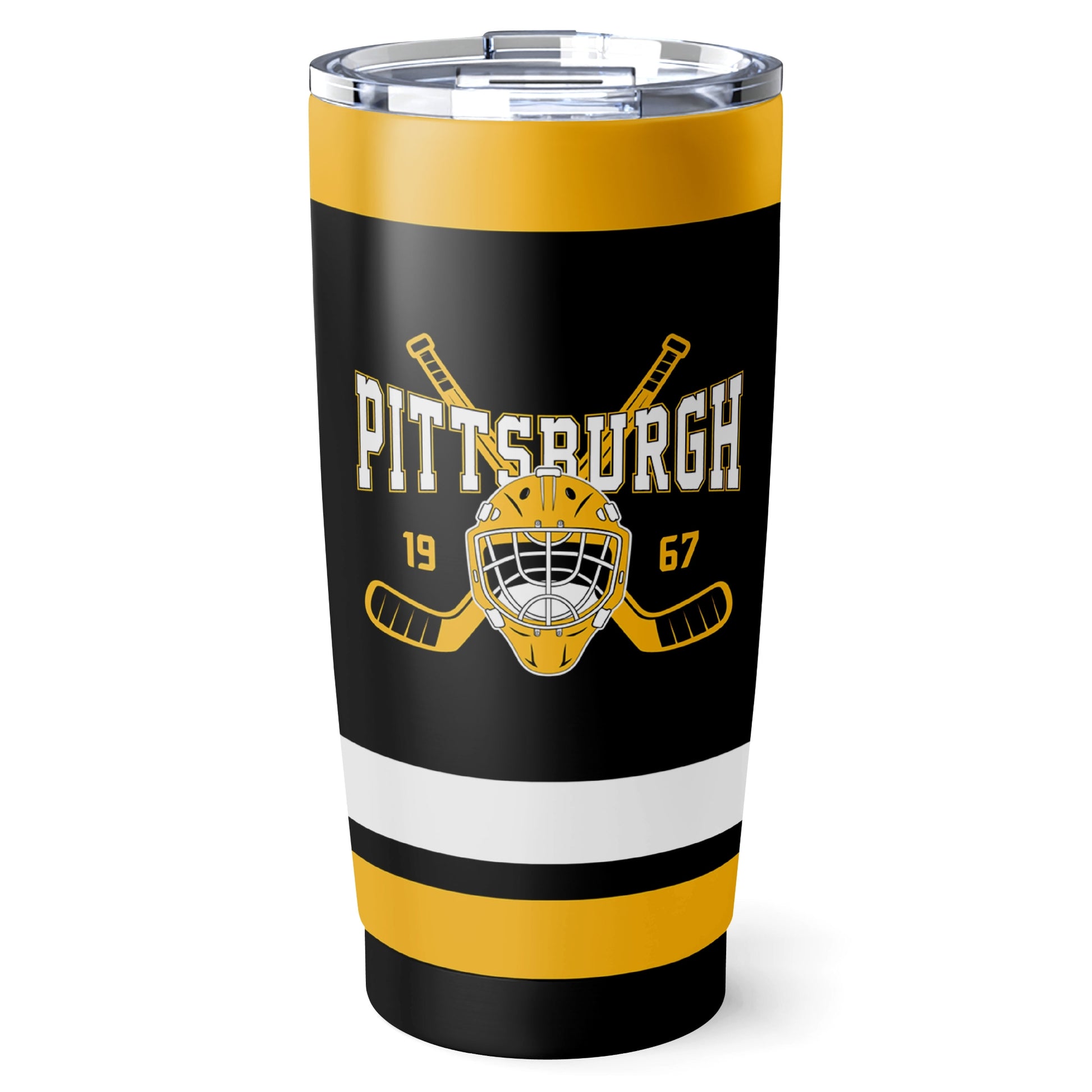 Pittsburgh hockey tumbler front design in Black city-color style