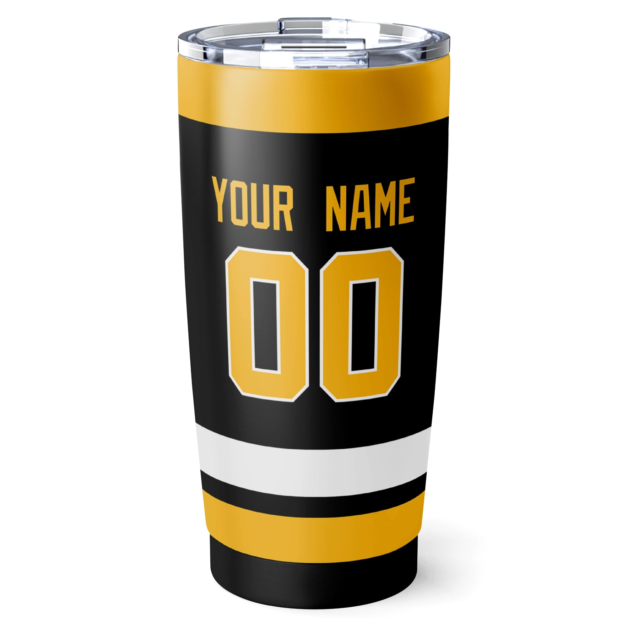 Pittsburgh hockey tumbler back design in Black city-color style with custom name and number