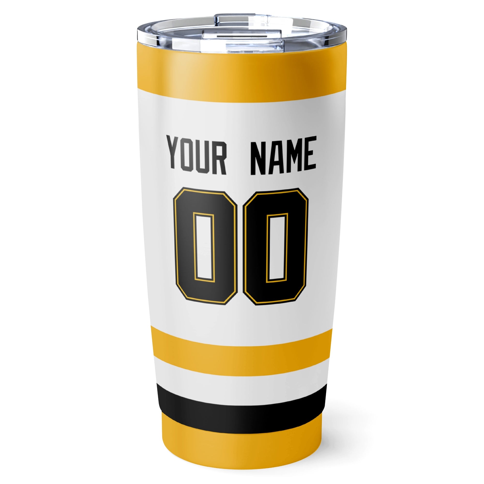 Pittsburgh hockey tumbler back design in White city-color style with custom name and number