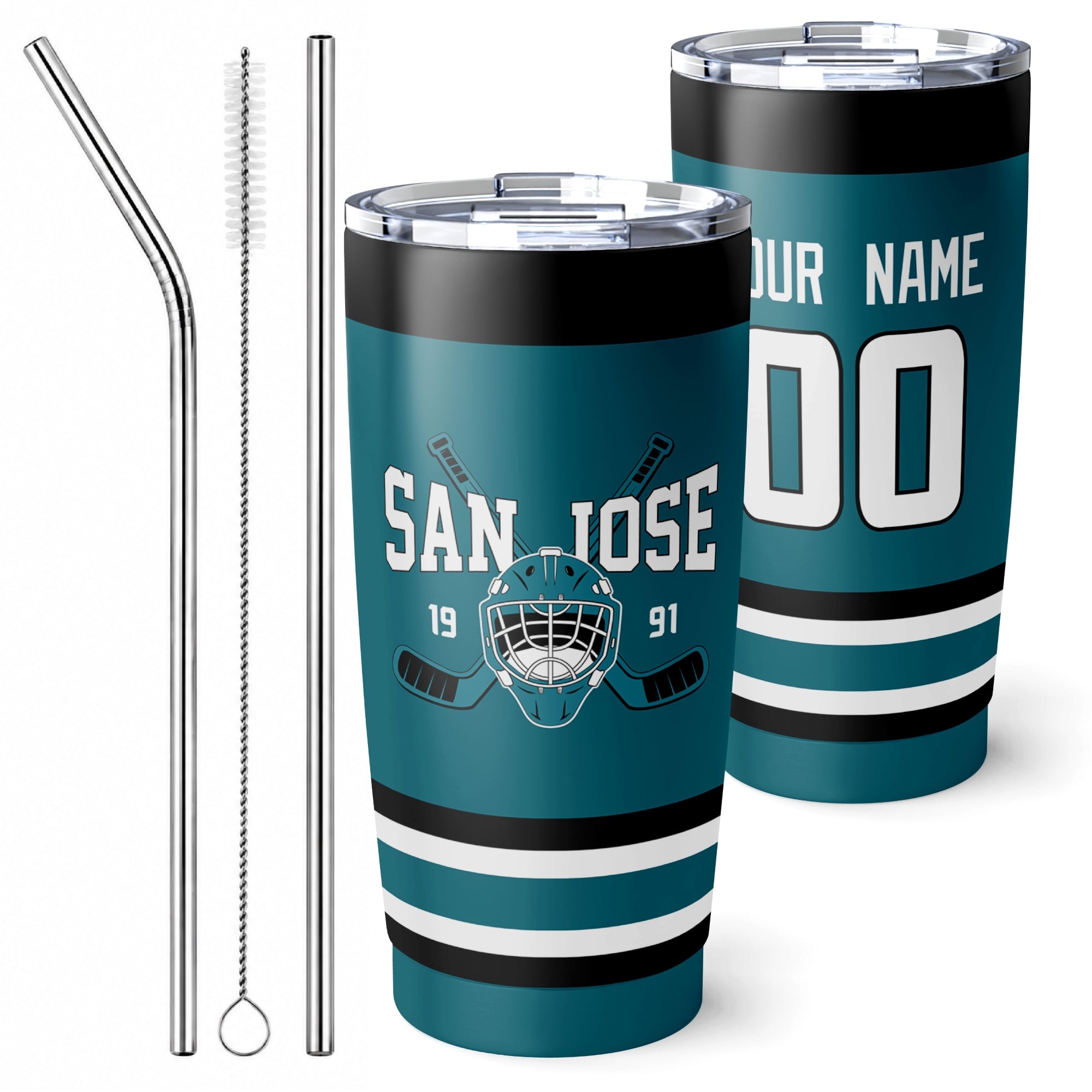 Personalized San Jose hockey tumbler in Teal city-color style with reusable straws and cleaning brush