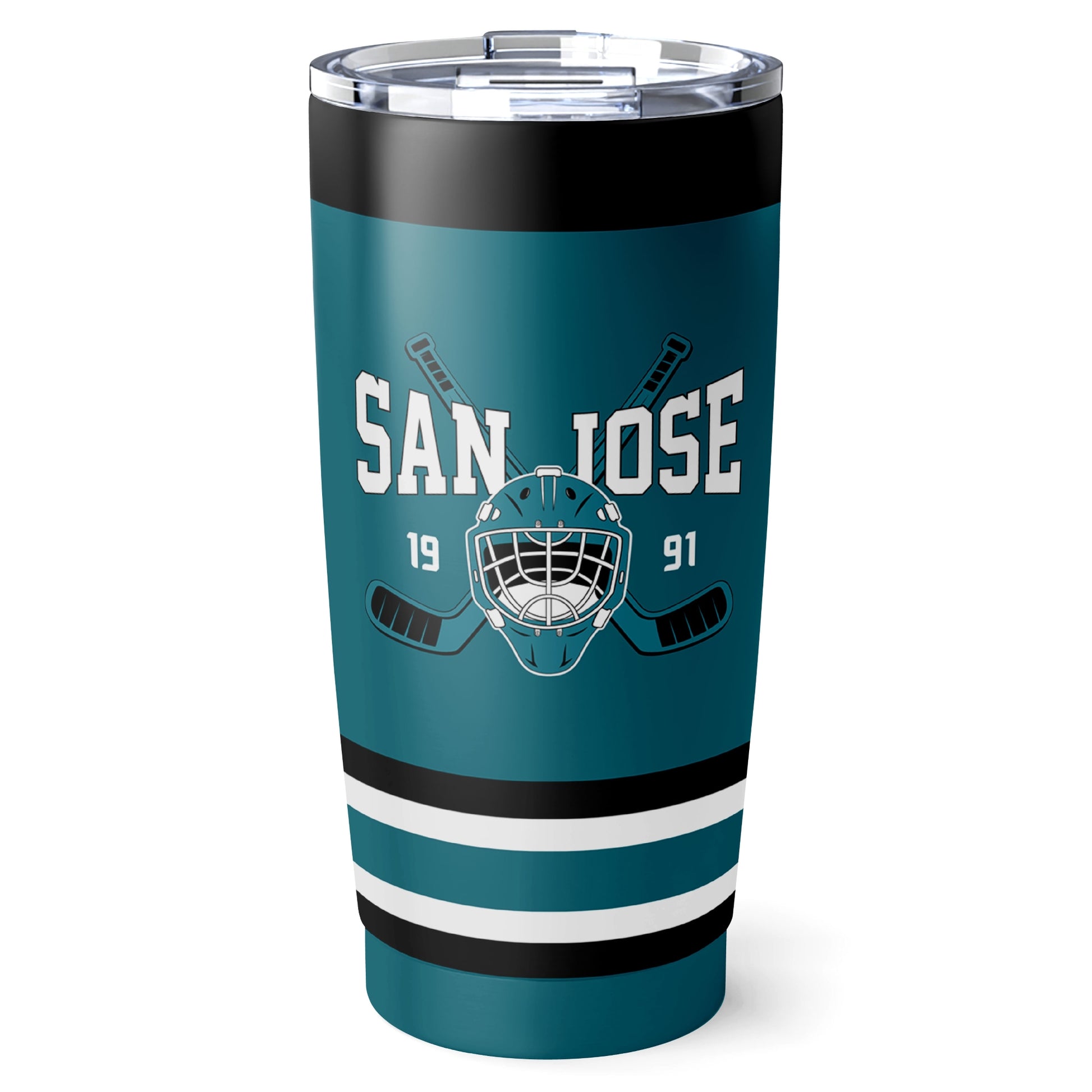 San Jose hockey tumbler front design in Teal city-color style