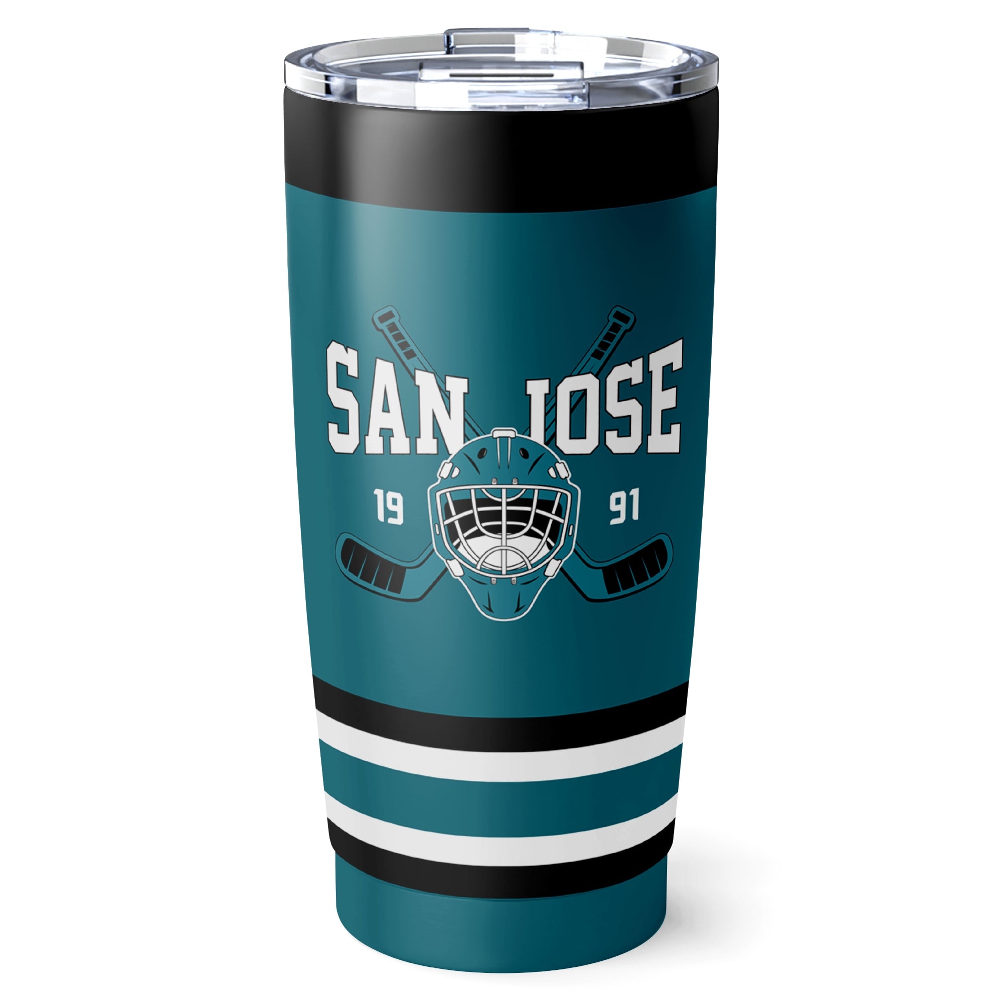 San Jose hockey tumbler front design in Teal city-color style