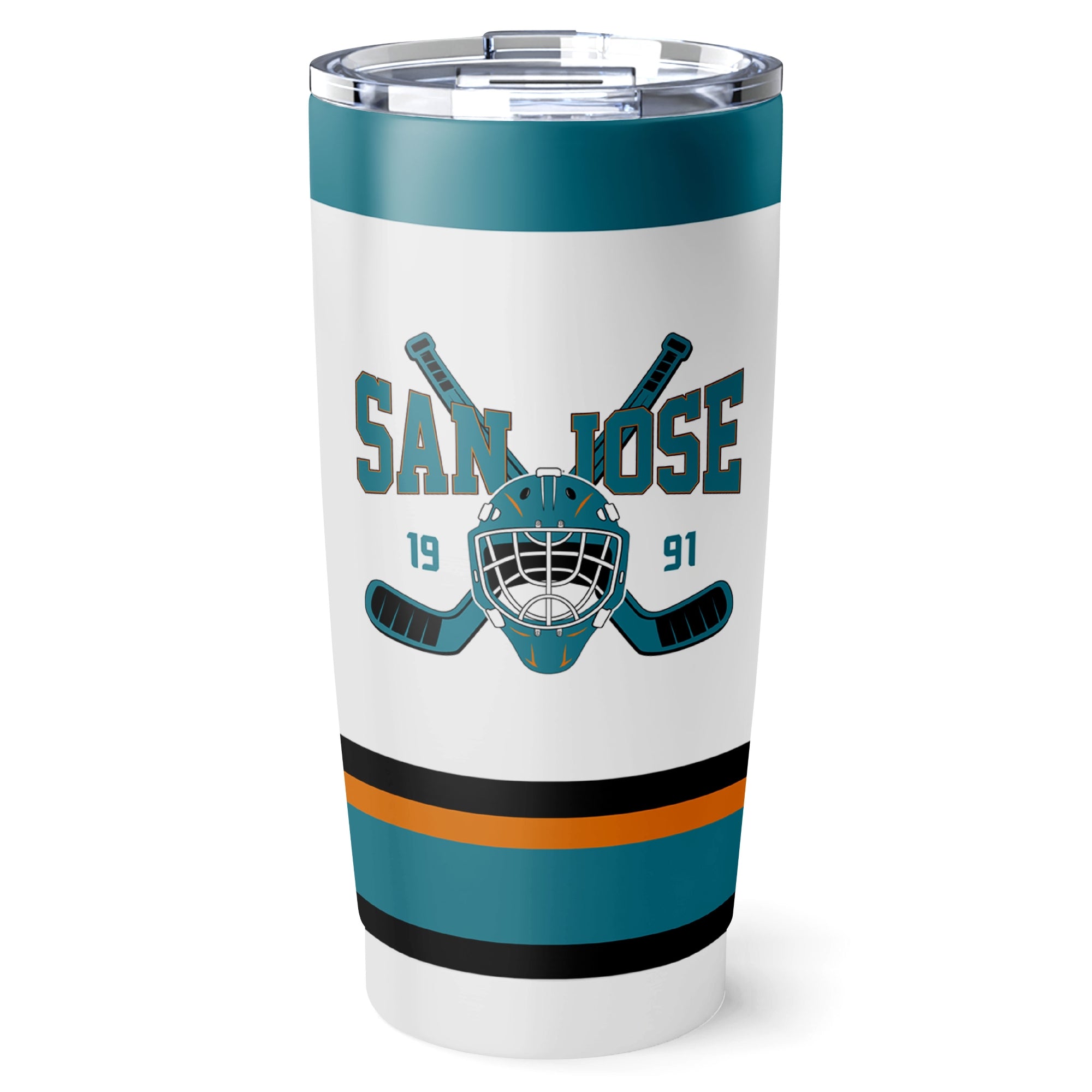 San Jose hockey tumbler front design in White city-color style