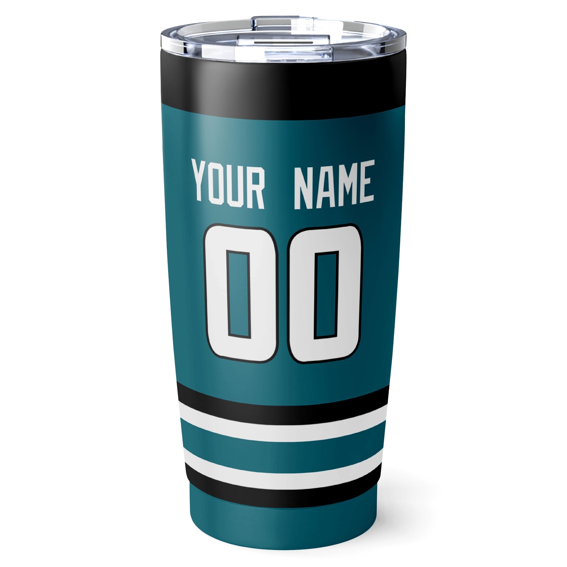 San Jose hockey tumbler back design in Teal city-color style with custom name and number
