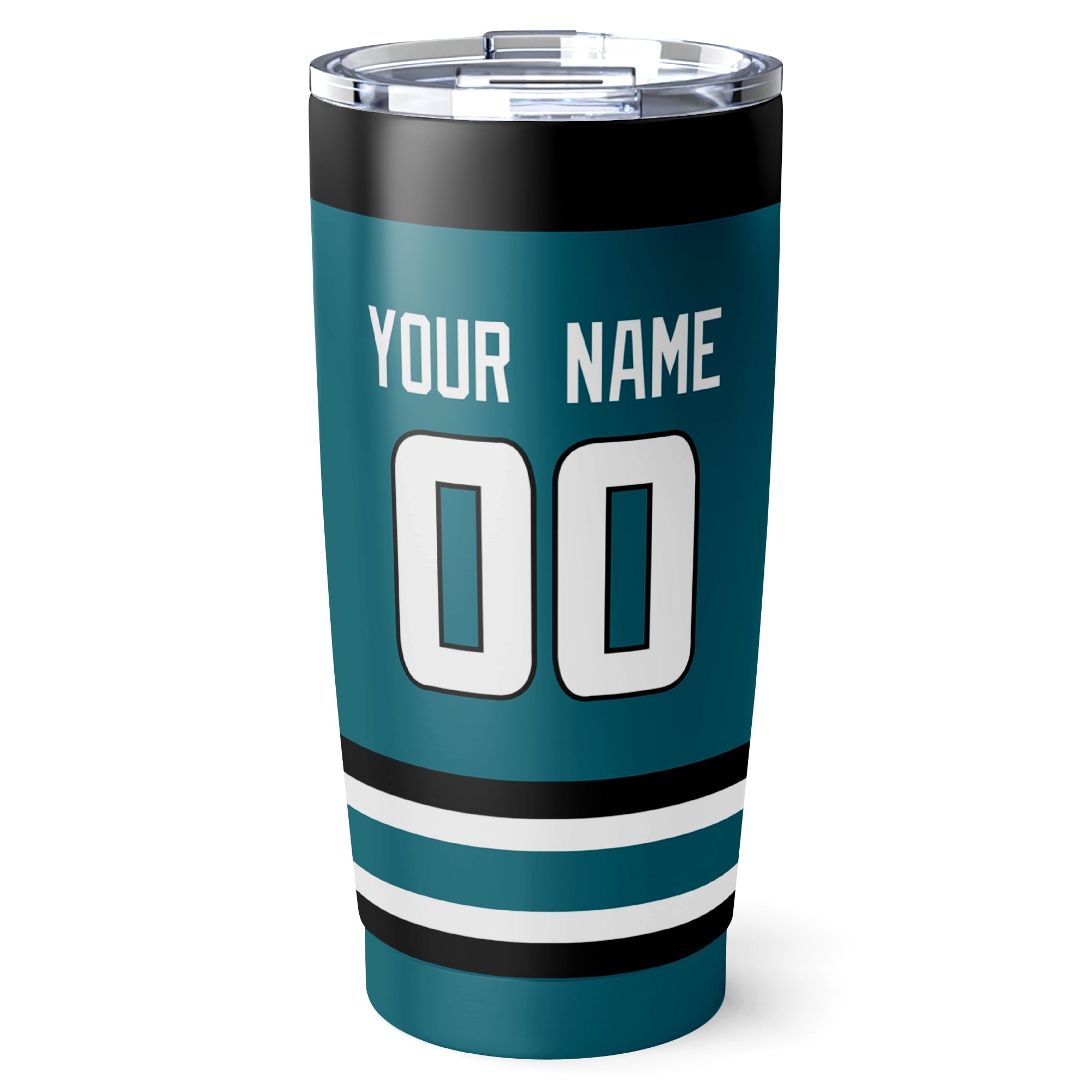 San Jose hockey tumbler back design in Teal city-color style with custom name and number
