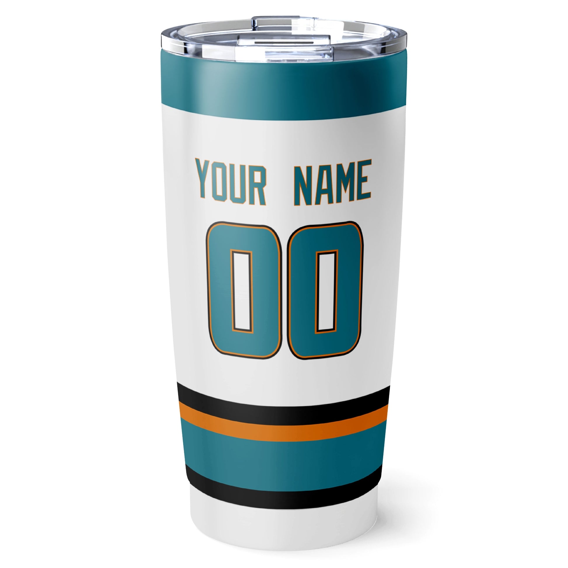San Jose hockey tumbler back design in White city-color style with custom name and number