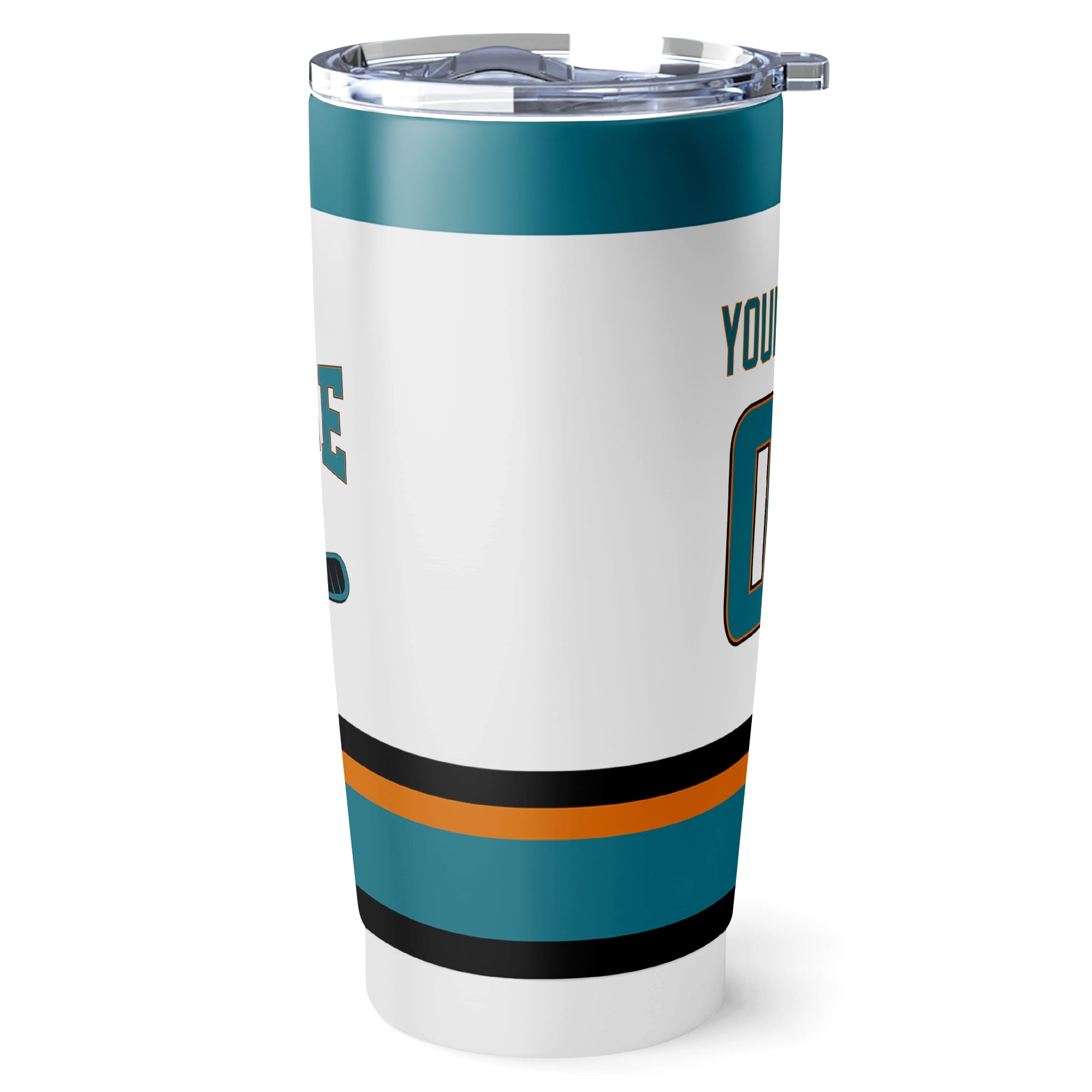 San Jose hockey tumbler side view in White city-color style