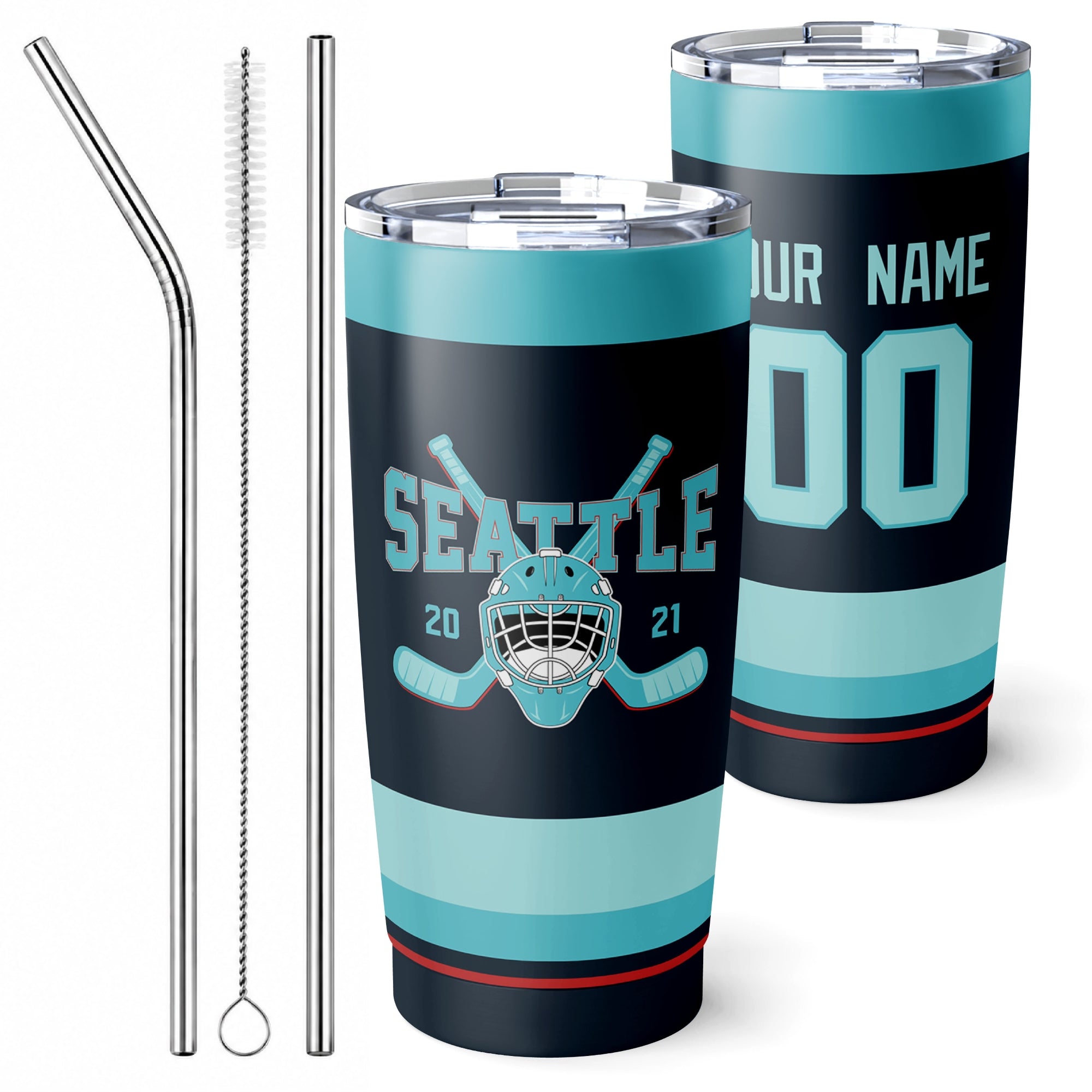 Personalized Seattle hockey tumbler in Blue city-color style with reusable straws and cleaning brush