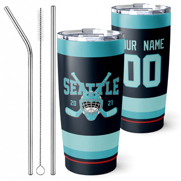 Personalized Seattle hockey tumbler in Blue city-color style with reusable straws and cleaning brush