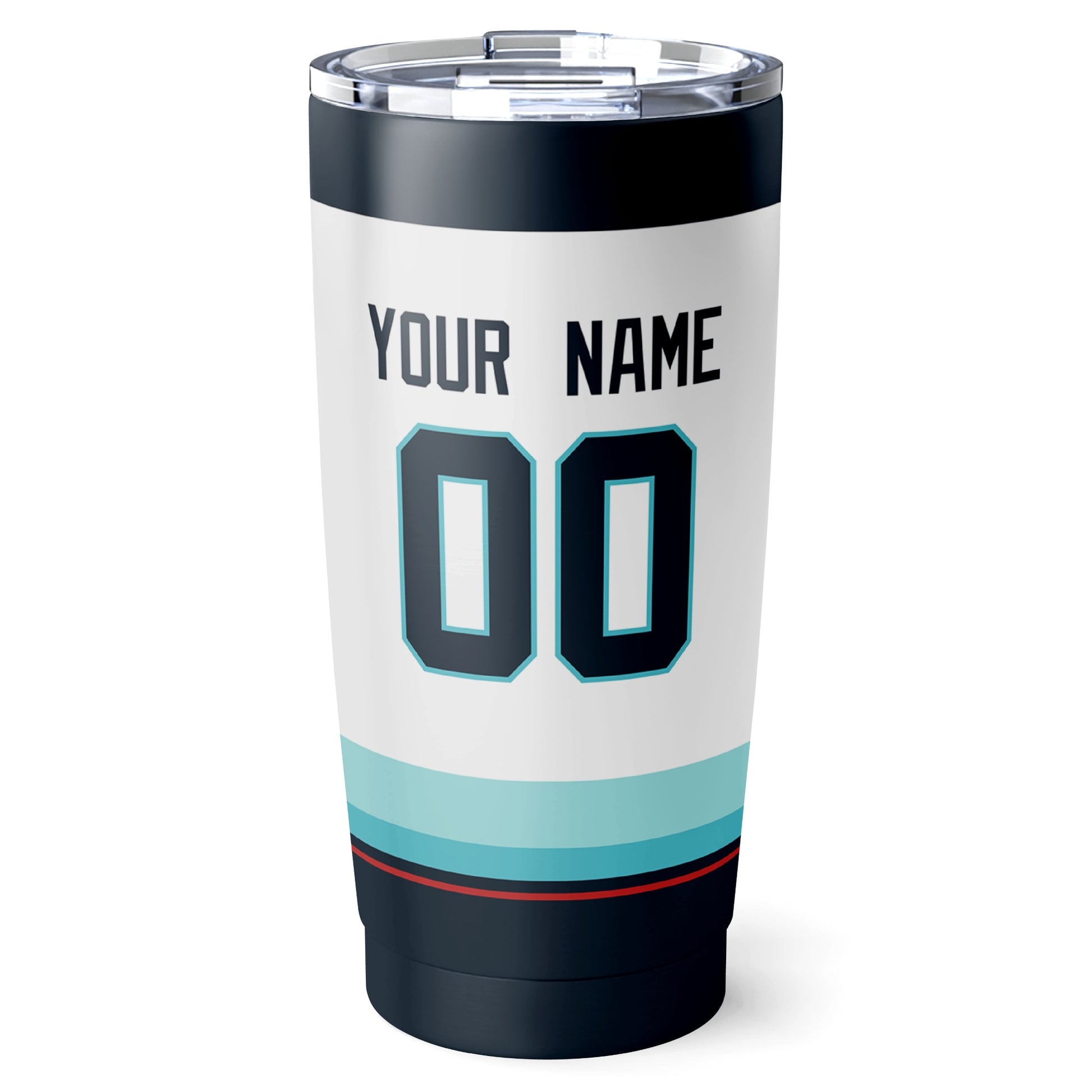 Seattle hockey tumbler back design in White city-color style with custom name and number