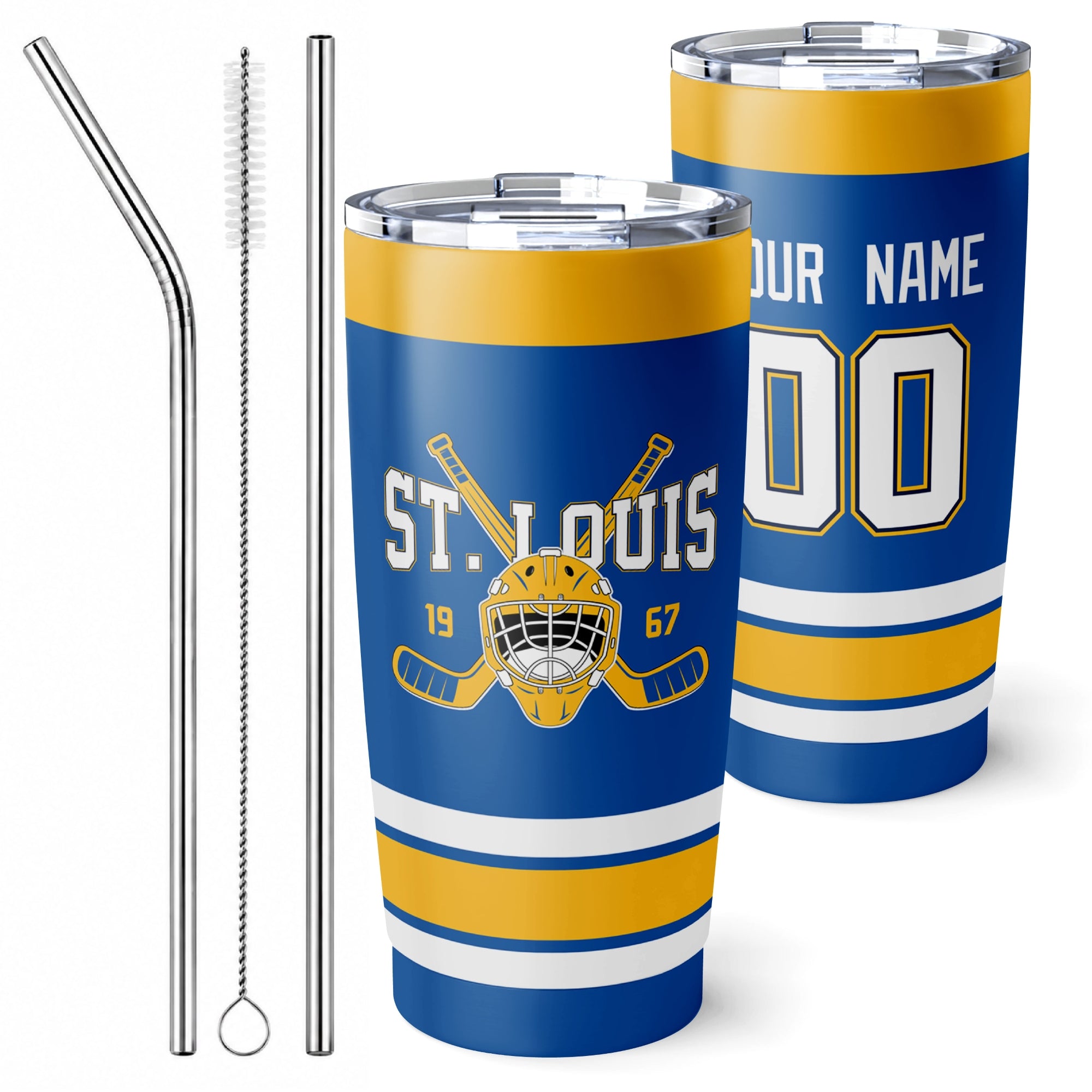 Personalized St. Louis hockey tumbler in Blue city-color style with reusable straws and cleaning brush