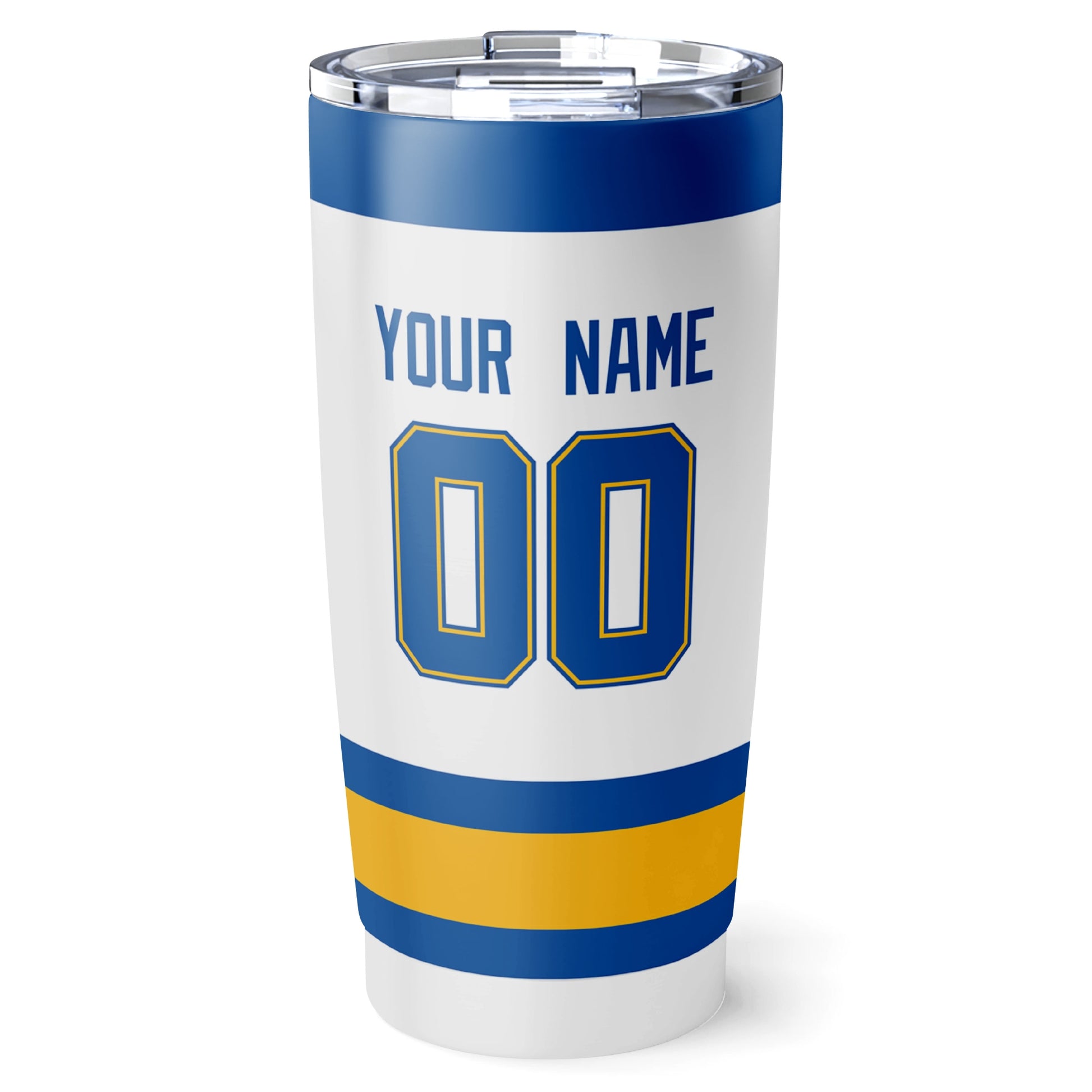 St. Louis hockey tumbler back design in White city-color style with custom name and number