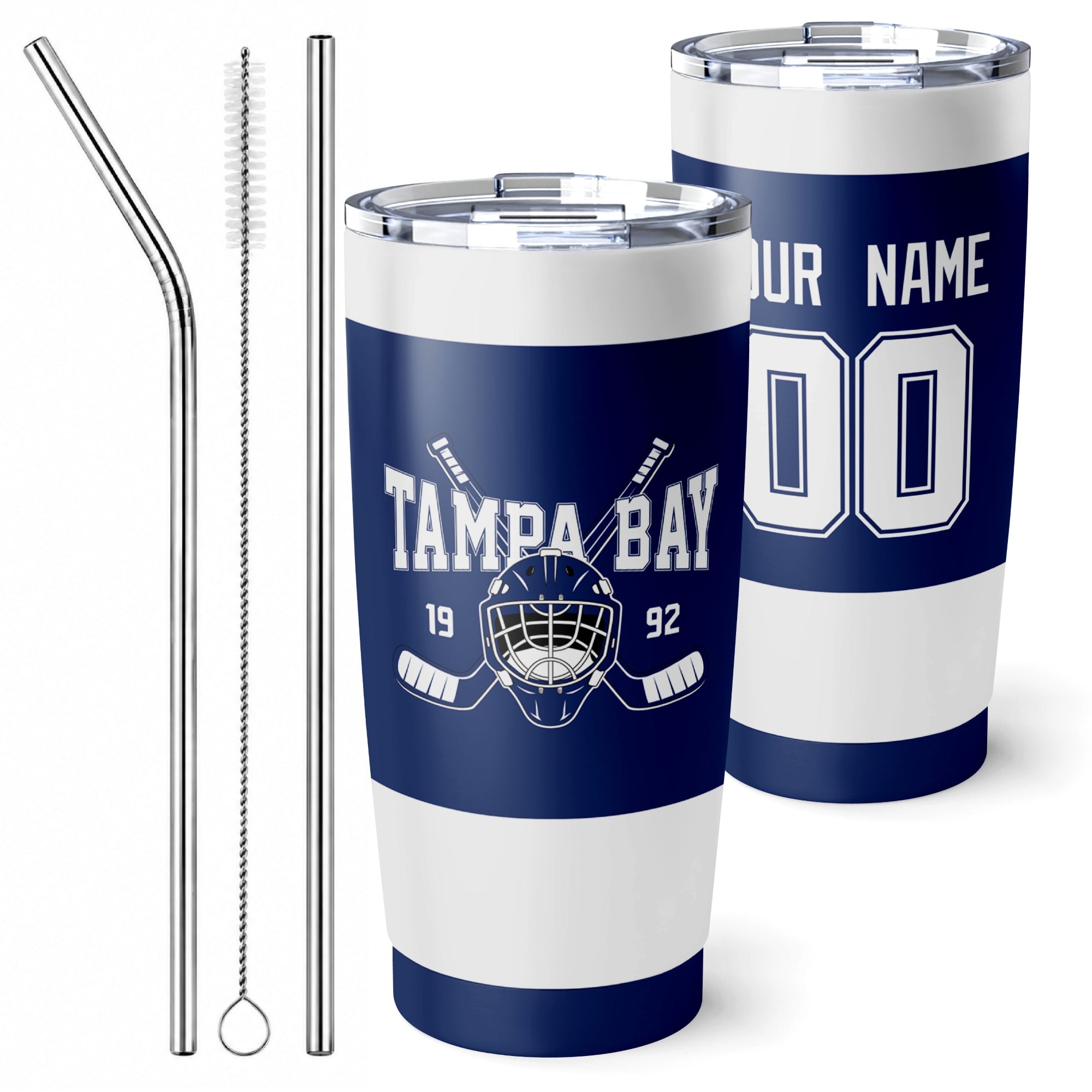 Personalized Tampa Bay hockey tumbler in Blue city-color style with reusable straws and cleaning brush