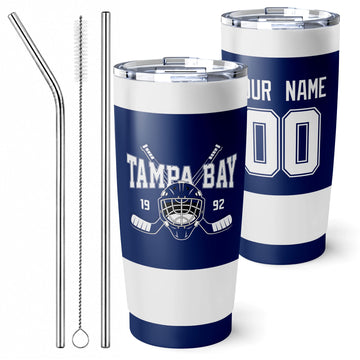 Personalized Tampa Bay hockey tumbler in Blue city-color style with reusable straws and cleaning brush