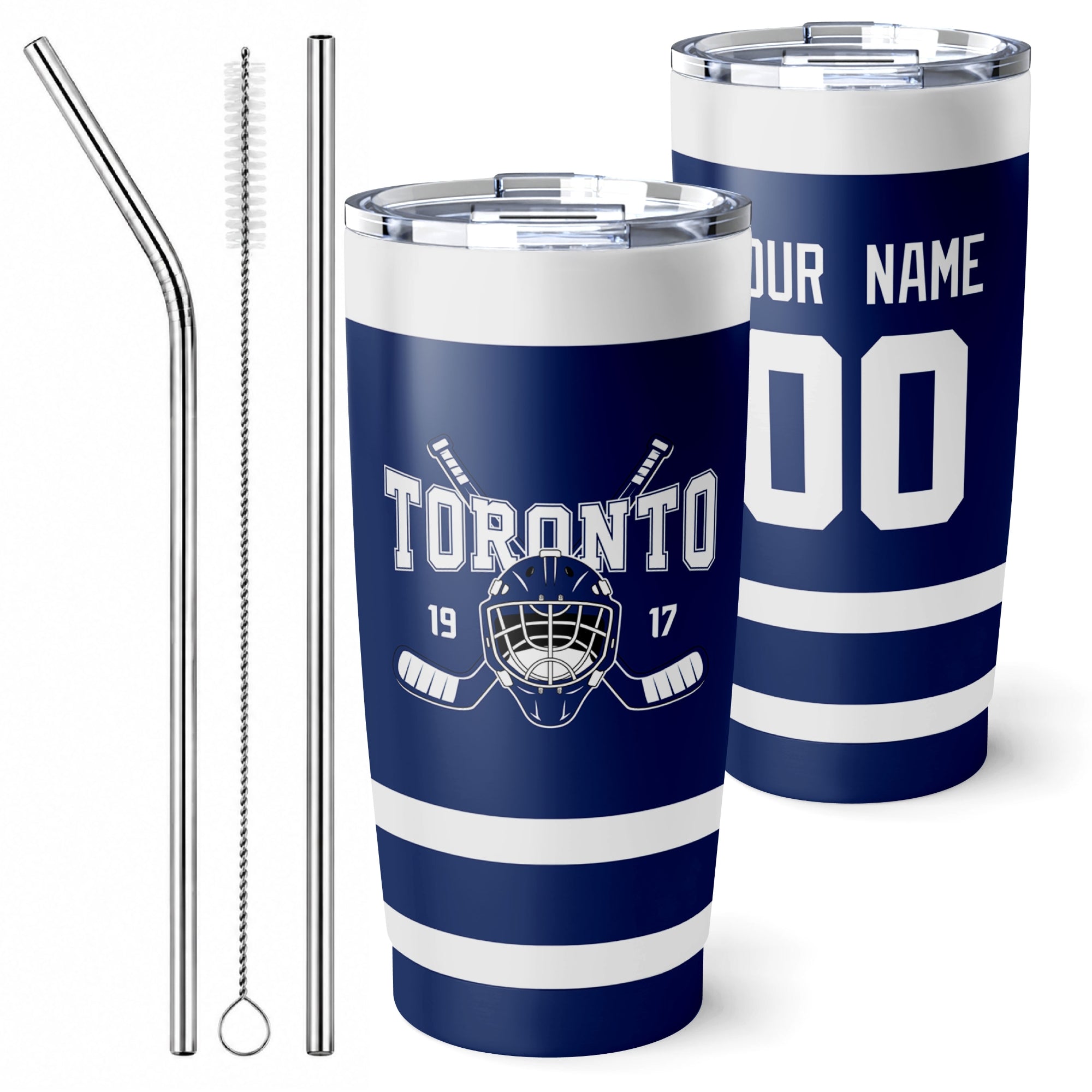 Personalized Toronto hockey tumbler in Blue city-color style with reusable straws and cleaning brush