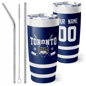 Personalized Toronto hockey tumbler in Blue city-color style with reusable straws and cleaning brush
