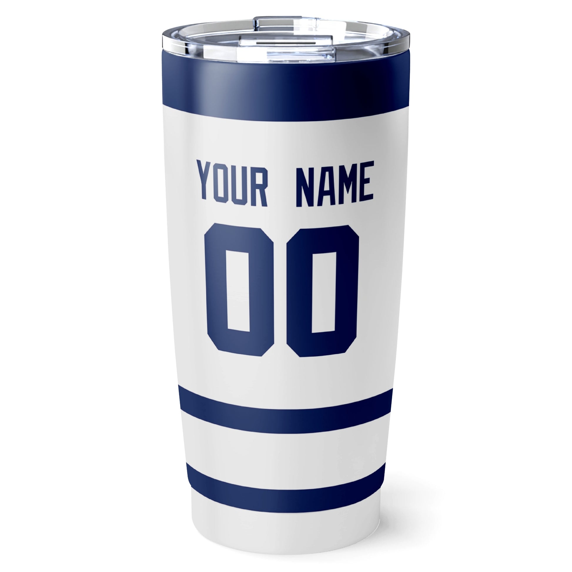 Toronto hockey tumbler back design in White city-color style with custom name and number
