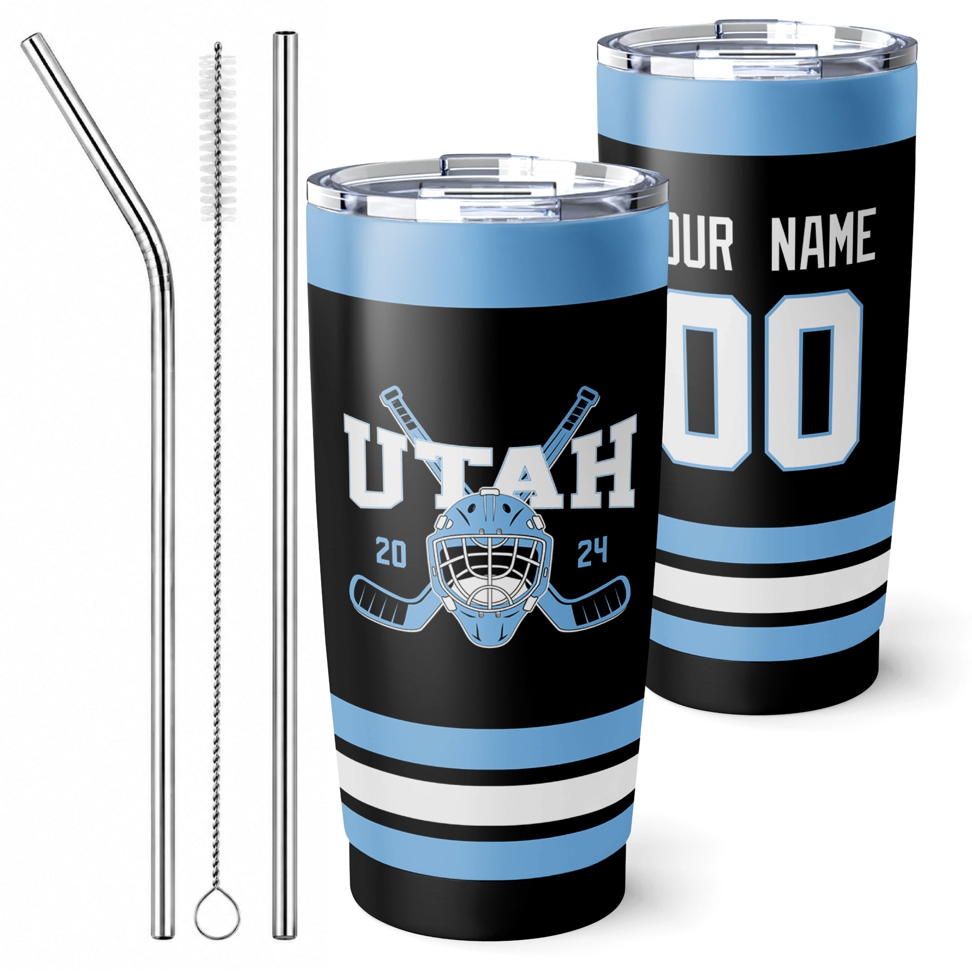 Personalized Utah hockey tumbler in Black city-color style with reusable straws and cleaning brush