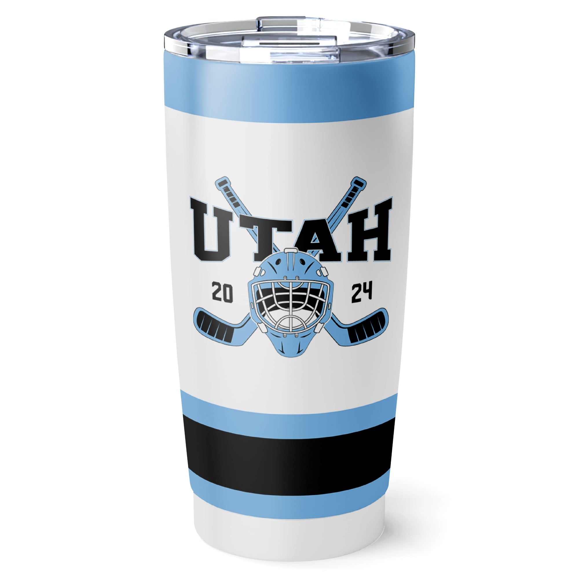 Utah hockey tumbler front design in White city-color style