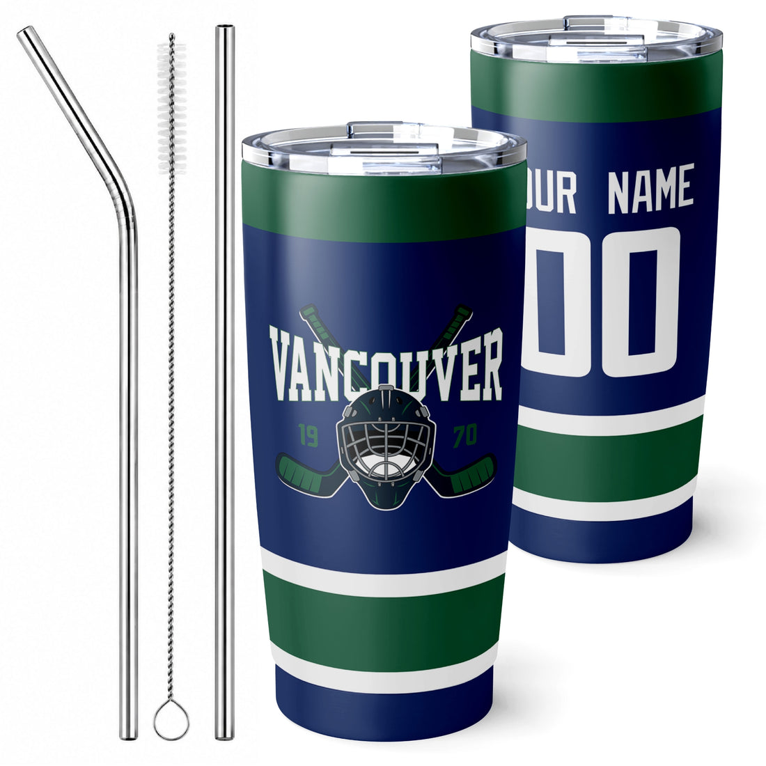 Personalized Vancouver hockey tumbler in Blue city-color style with reusable straws and cleaning brush