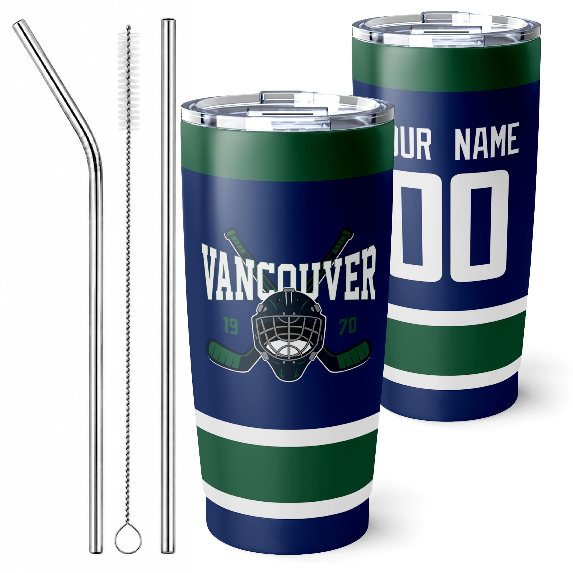 Personalized Vancouver hockey tumbler in Blue city-color style with reusable straws and cleaning brush