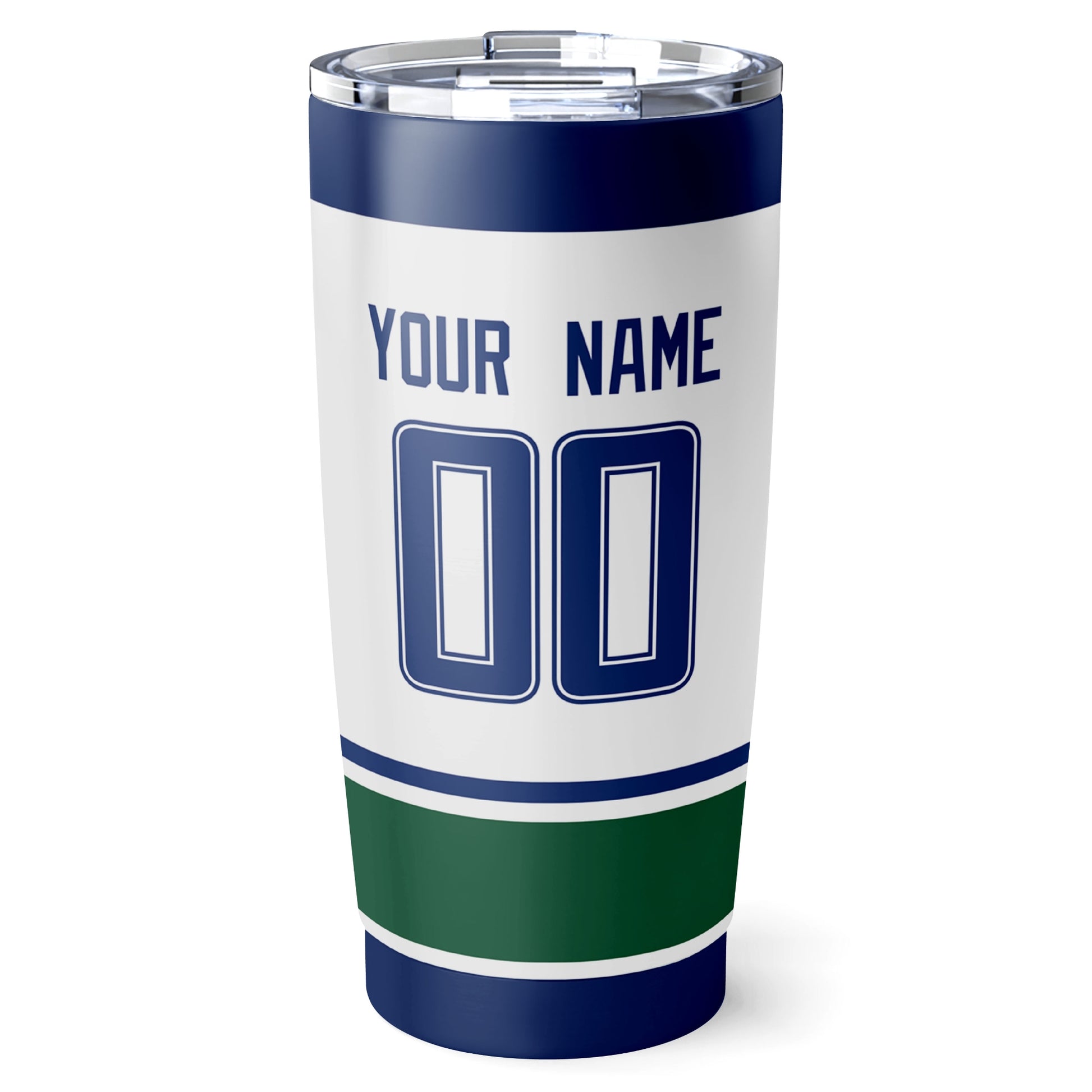 Vancouver hockey tumbler back design in White city-color style with custom name and number