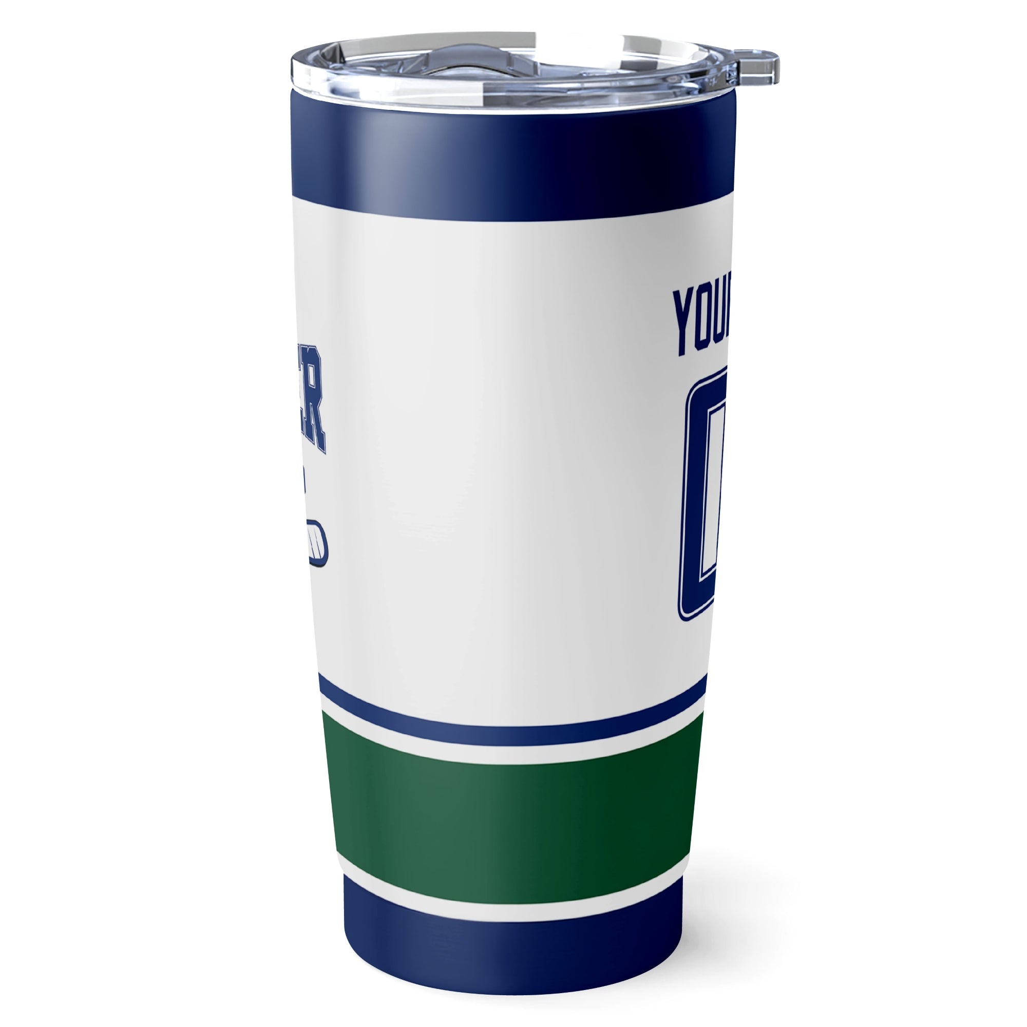 Vancouver hockey tumbler side view in White city-color style