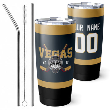 Personalized Vegas hockey tumbler in Gray city-color style with reusable straws and cleaning brush