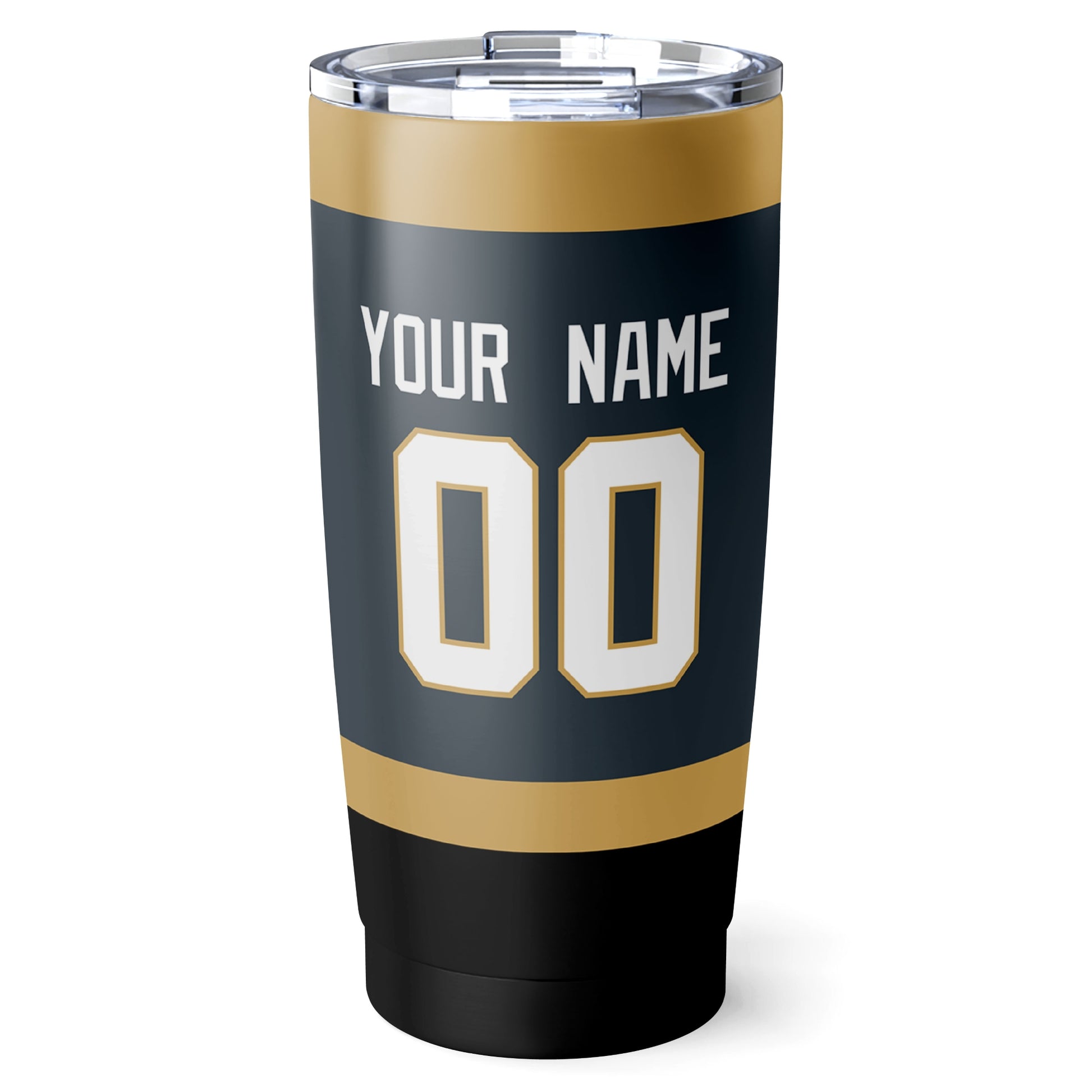 Vegas hockey tumbler back design in Gray city-color style with custom name and number