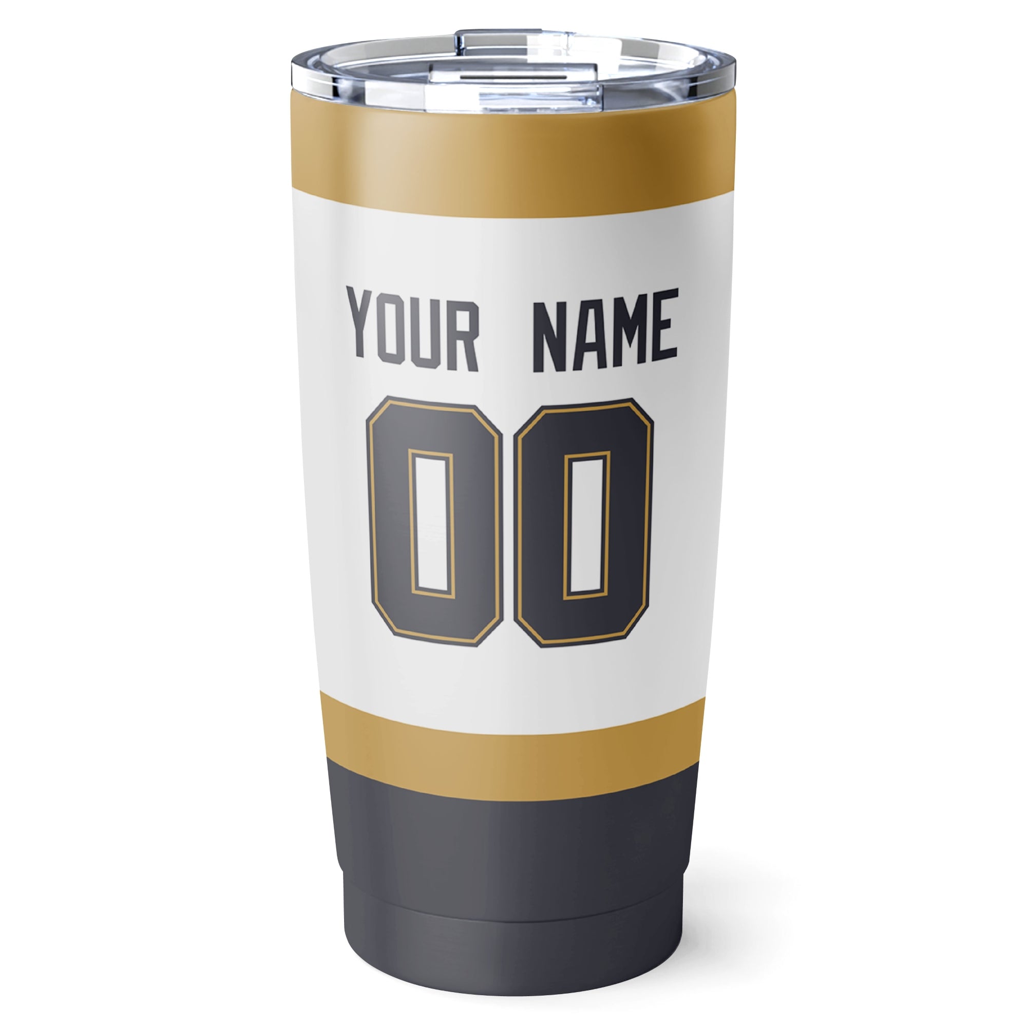 Vegas hockey tumbler back design in White city-color style with custom name and number