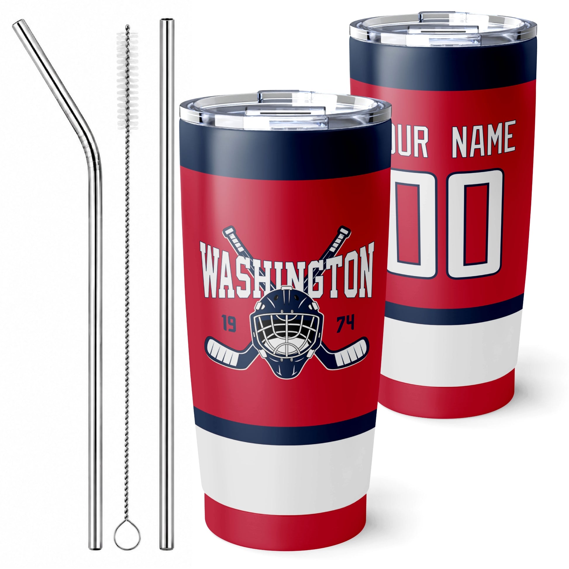 Personalized Washington hockey tumbler in Red city-color style with reusable straws and cleaning brush