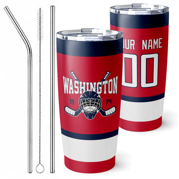 Personalized Washington hockey tumbler in Red city-color style with reusable straws and cleaning brush