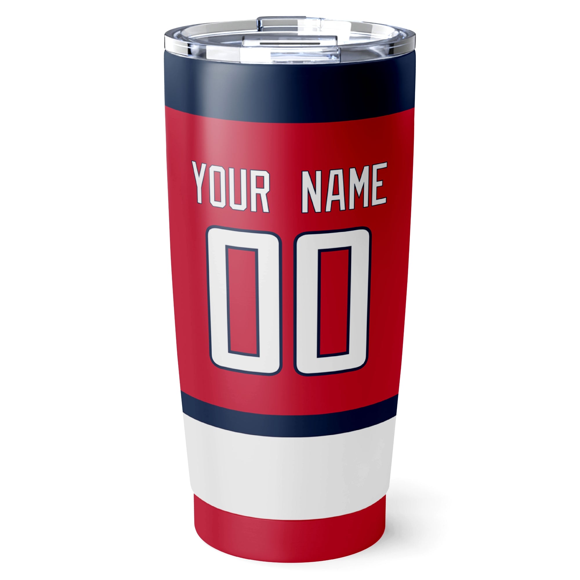 Washington hockey tumbler back design in Red city-color style with custom name and number