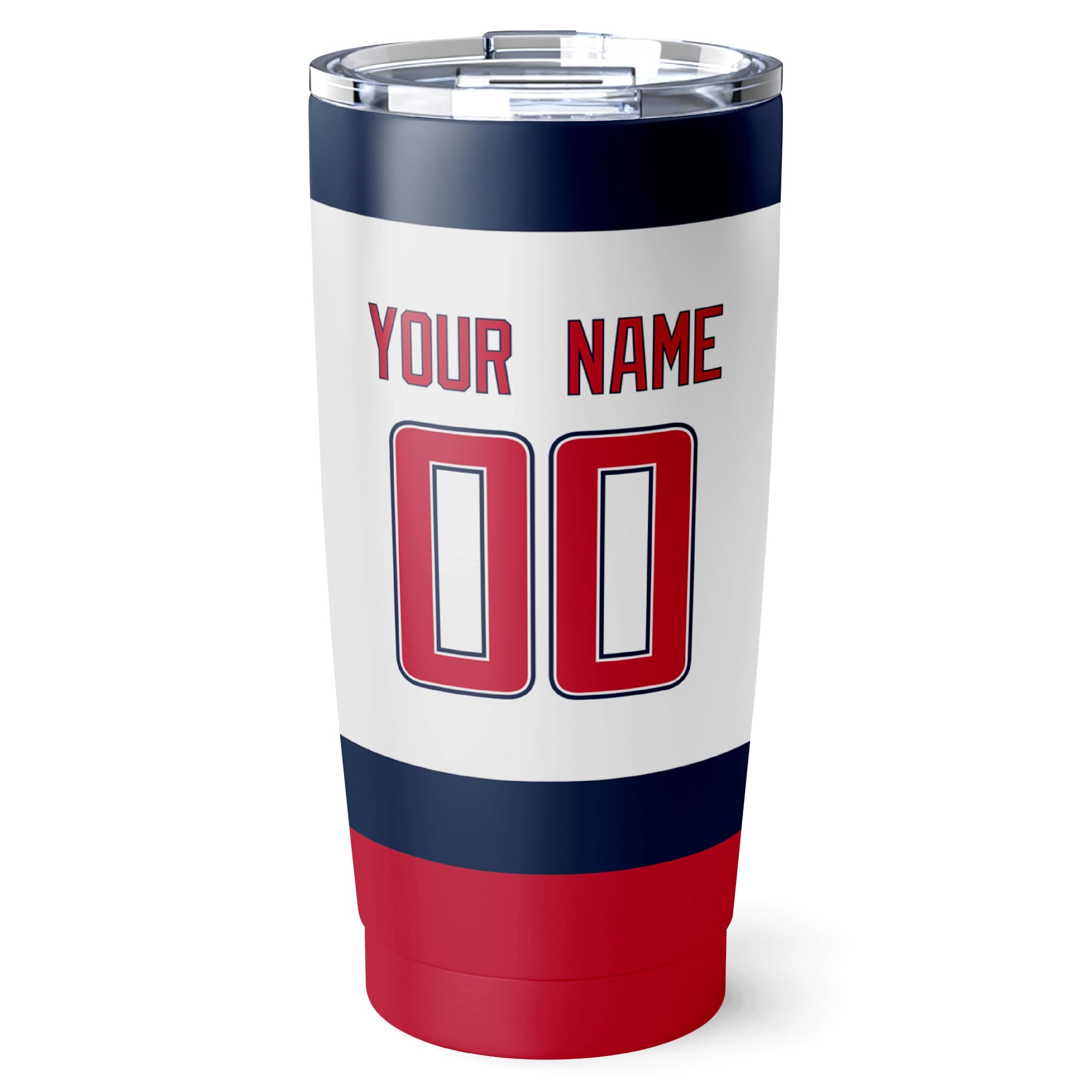 Washington hockey tumbler back design in White city-color style with custom name and number