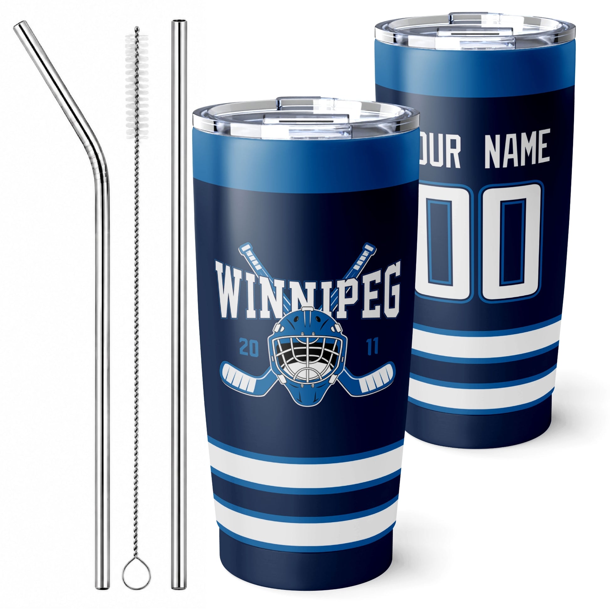 Personalized Winnipeg hockey tumbler in Navy city-color style with reusable straws and cleaning brush