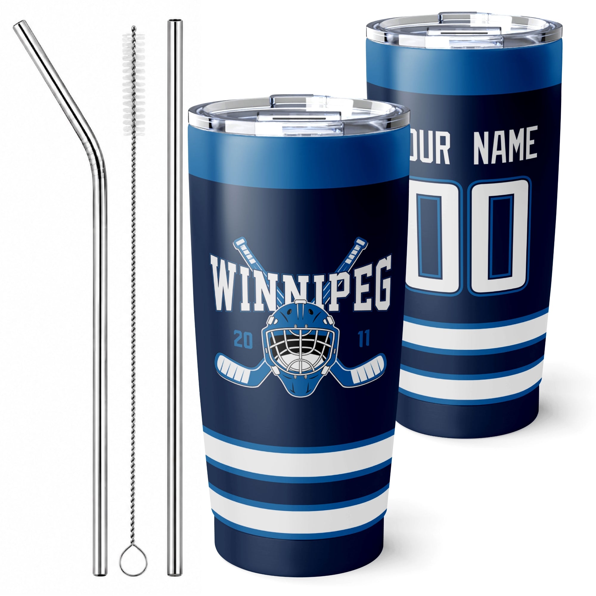 Personalized Winnipeg hockey tumbler in Navy city-color style with reusable straws and cleaning brush