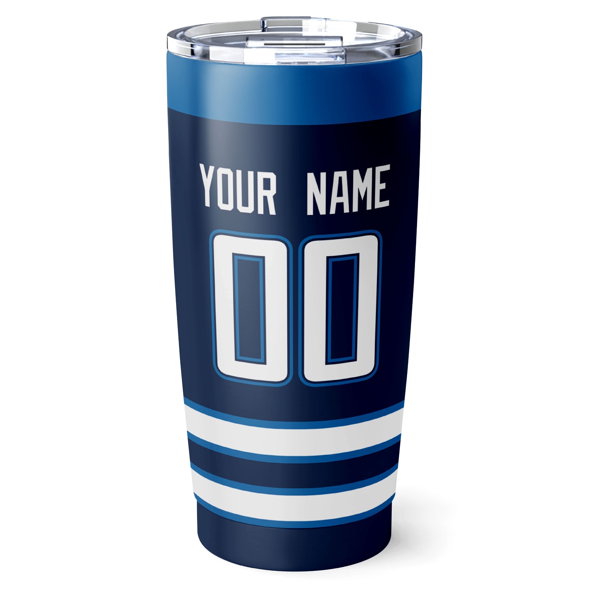 Winnipeg hockey tumbler back design in Navy city-color style with custom name and number