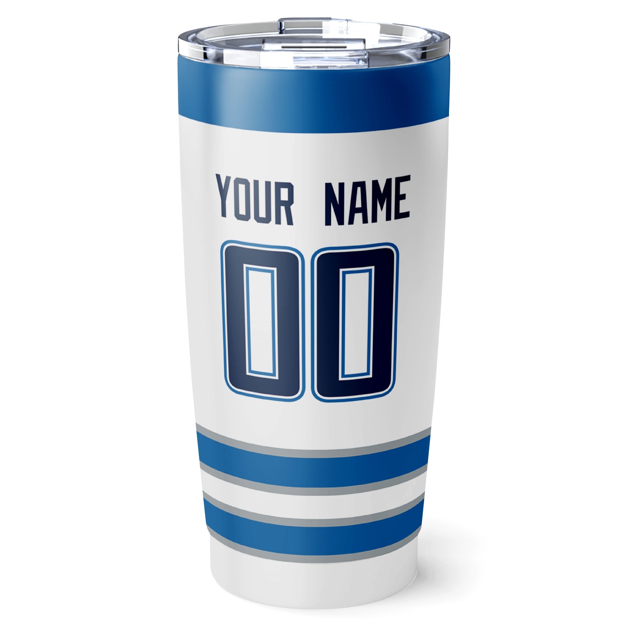 Winnipeg hockey tumbler back design in White city-color style with custom name and number