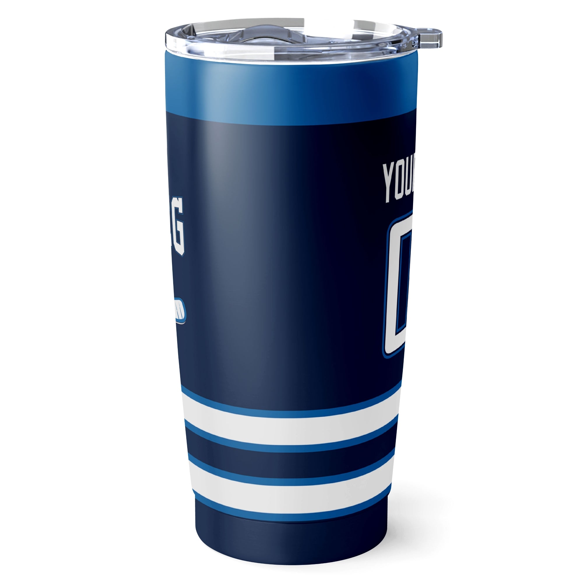 Winnipeg hockey tumbler side view in Navy city-color style