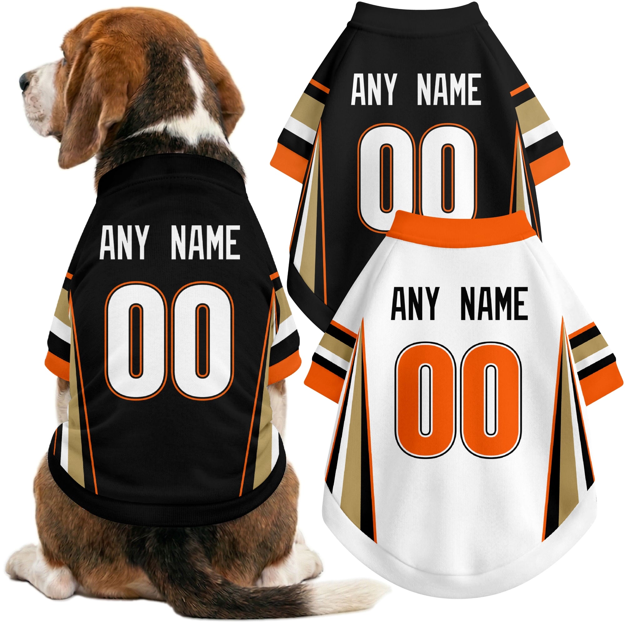 Dog wearing custom hockey-style jersey in Black and White colors with personalized name and number