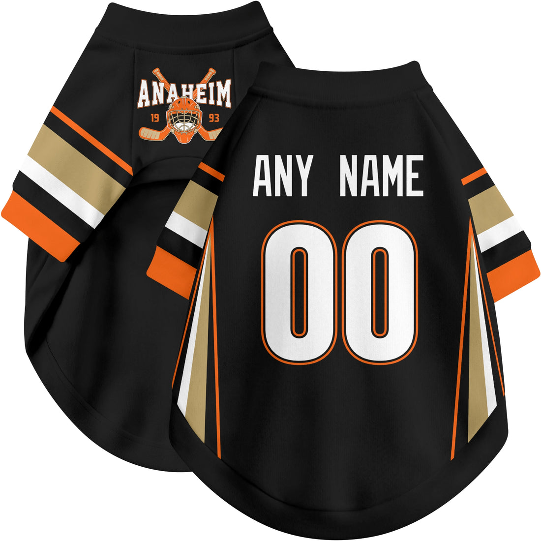 Dog wearing custom hockey-style jersey in Black and White colors with personalized name and number