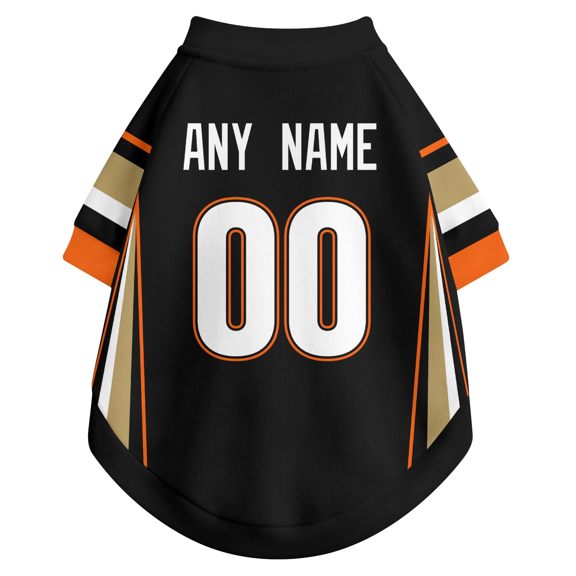 Back view of custom hockey-style dog jersey in Black and White colors with personalized name and number