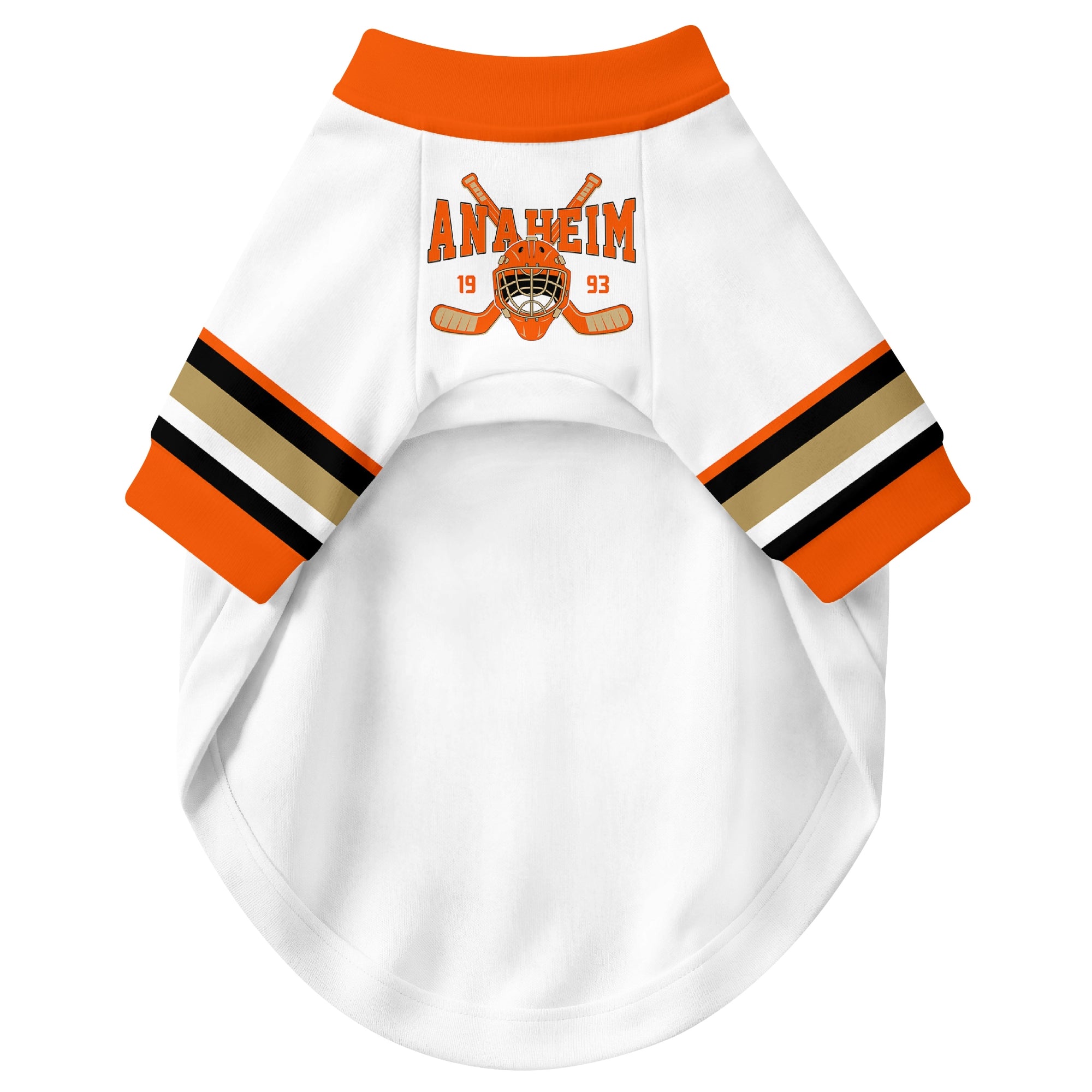 Front view of custom hockey-style dog jersey in White and Black colors