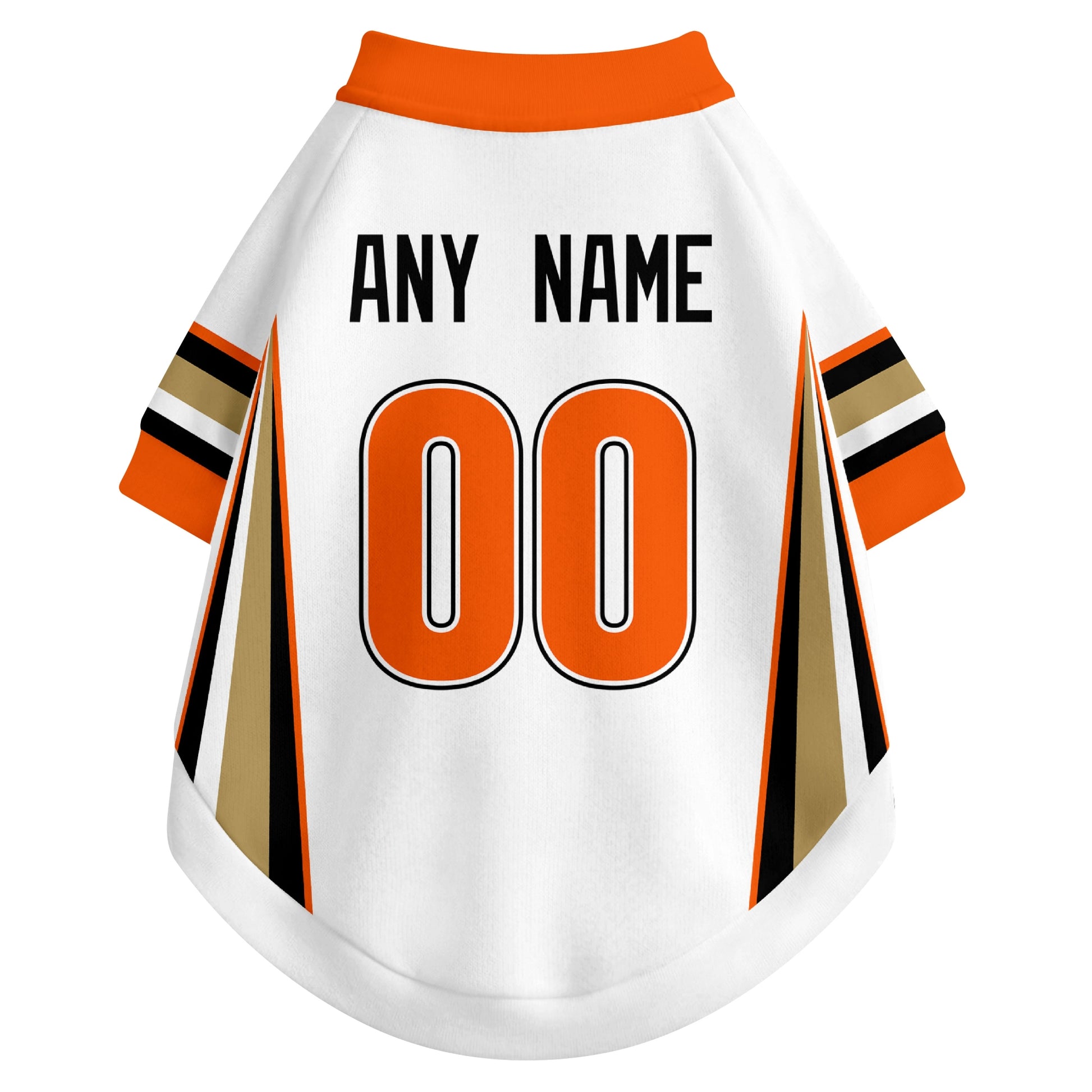 Back view of custom hockey-style dog jersey in White and Black colors with personalized name and number